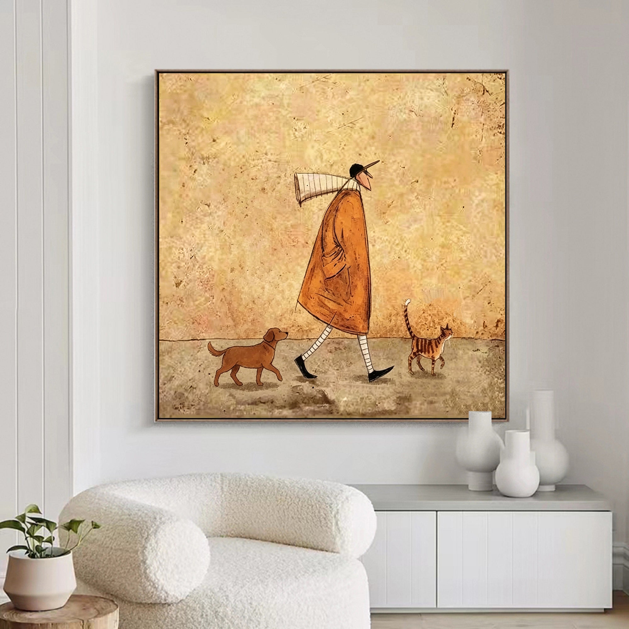 Hand Painted Whimsical Man Walking Dog and Cat Wall Art, Vintage Rustic Pet Lover Painting