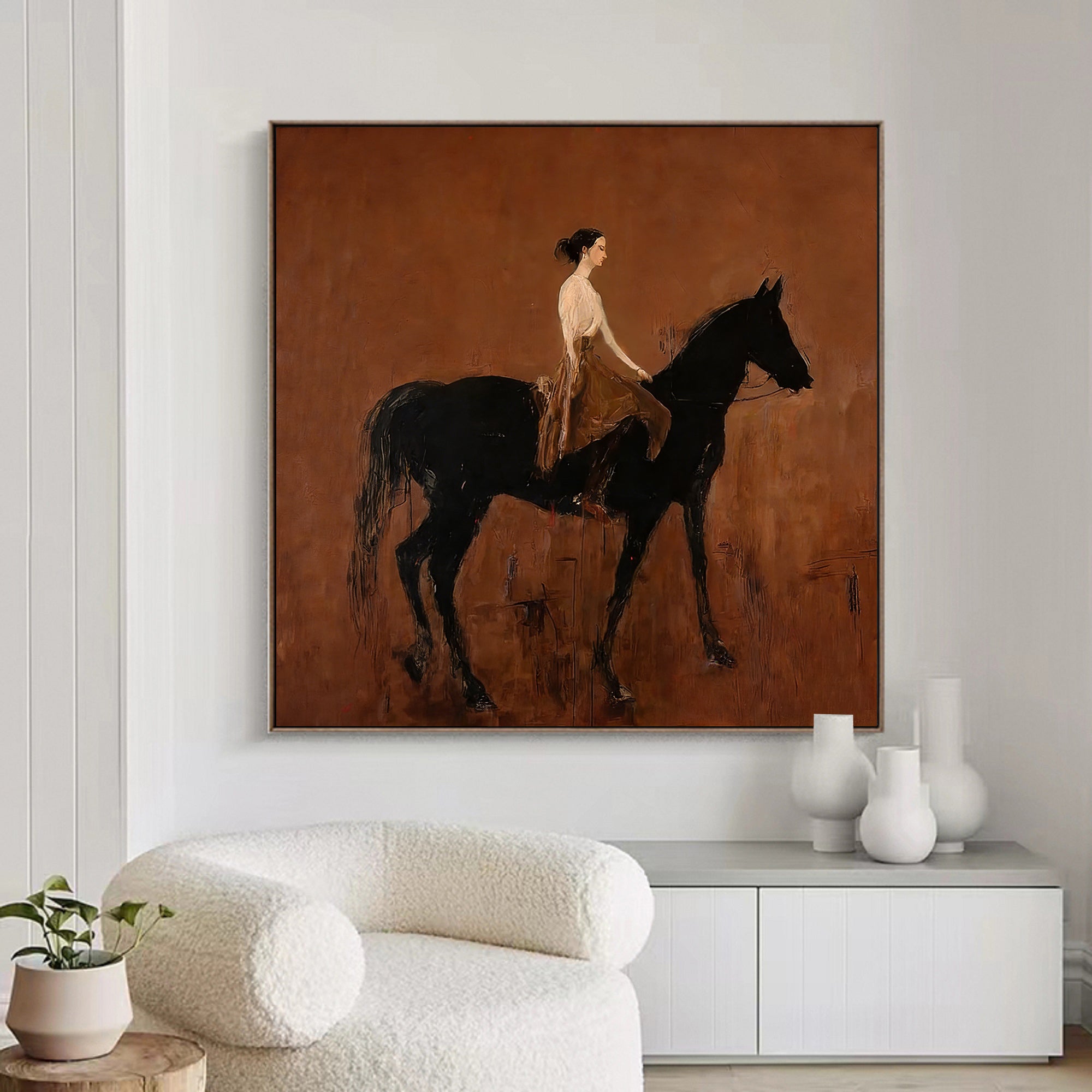 Black Horse Painting Modern Folk Art Person Riding Horse Wall Decor