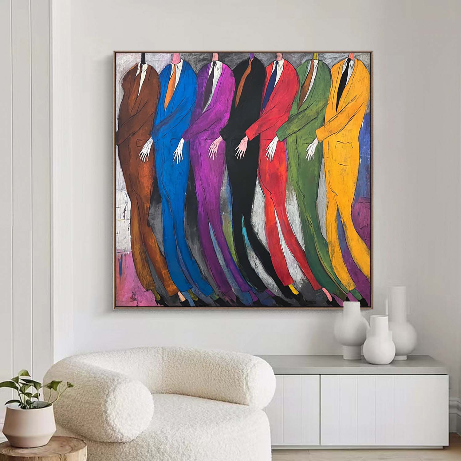 Hand-Painted Colorful Abstract Men in Suits Oil Painting - Expressionist Figurative Wall Art