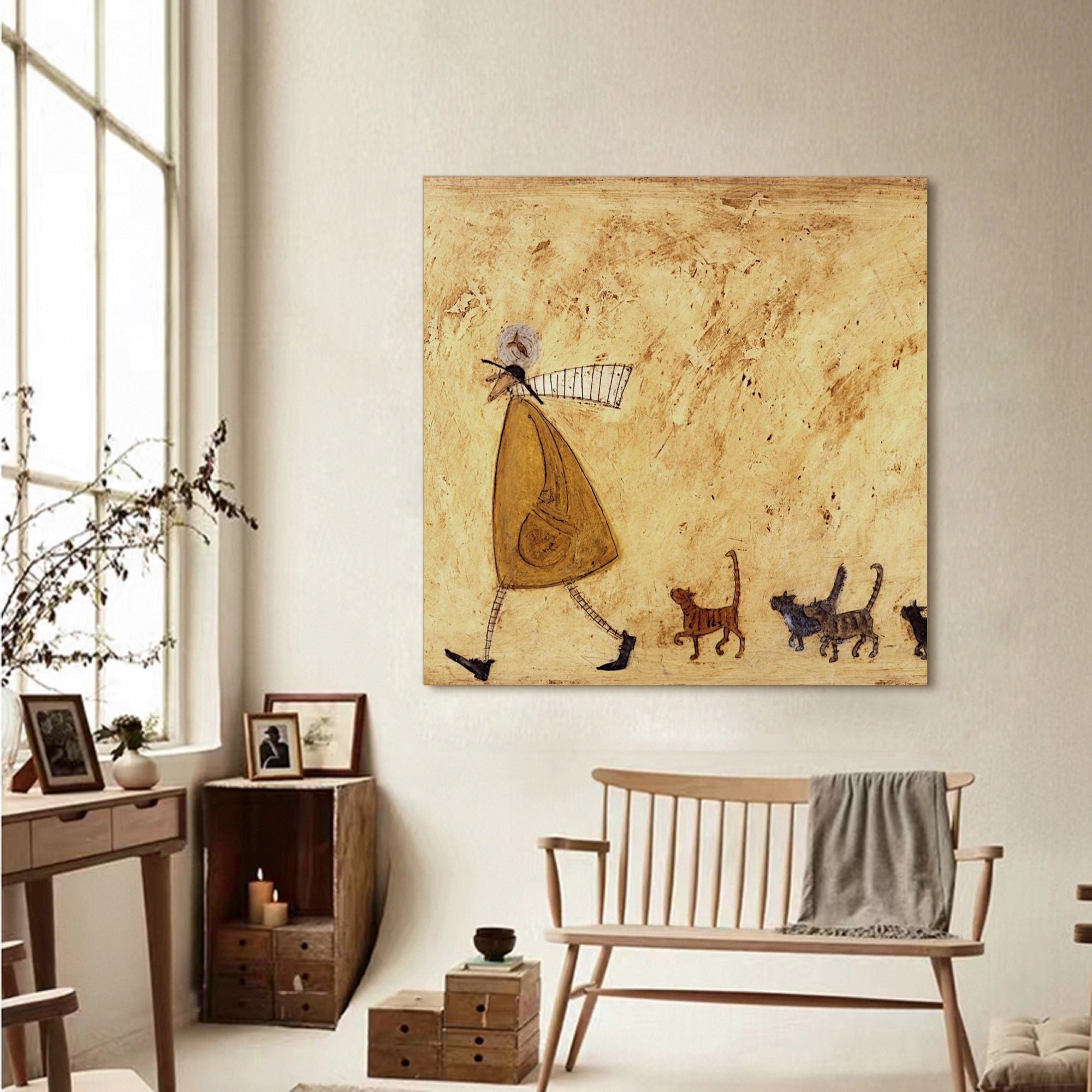 Cat Lover Gift Vintage Folk Art Painting Whimsical Cat Wall Art Rustic Home Decor