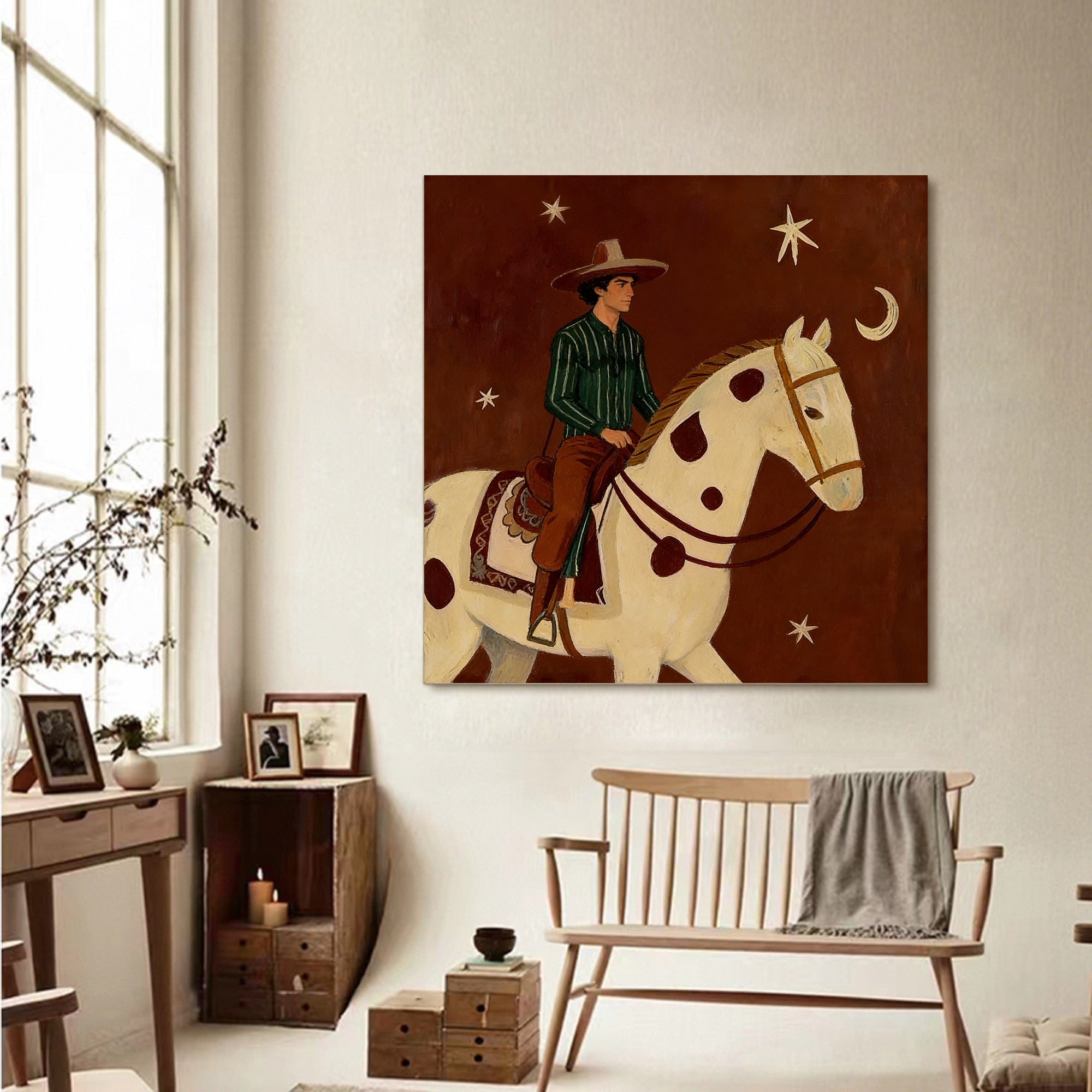 Man and Horse Art Equestrian Painting Mid Century Modern Horse Painting
