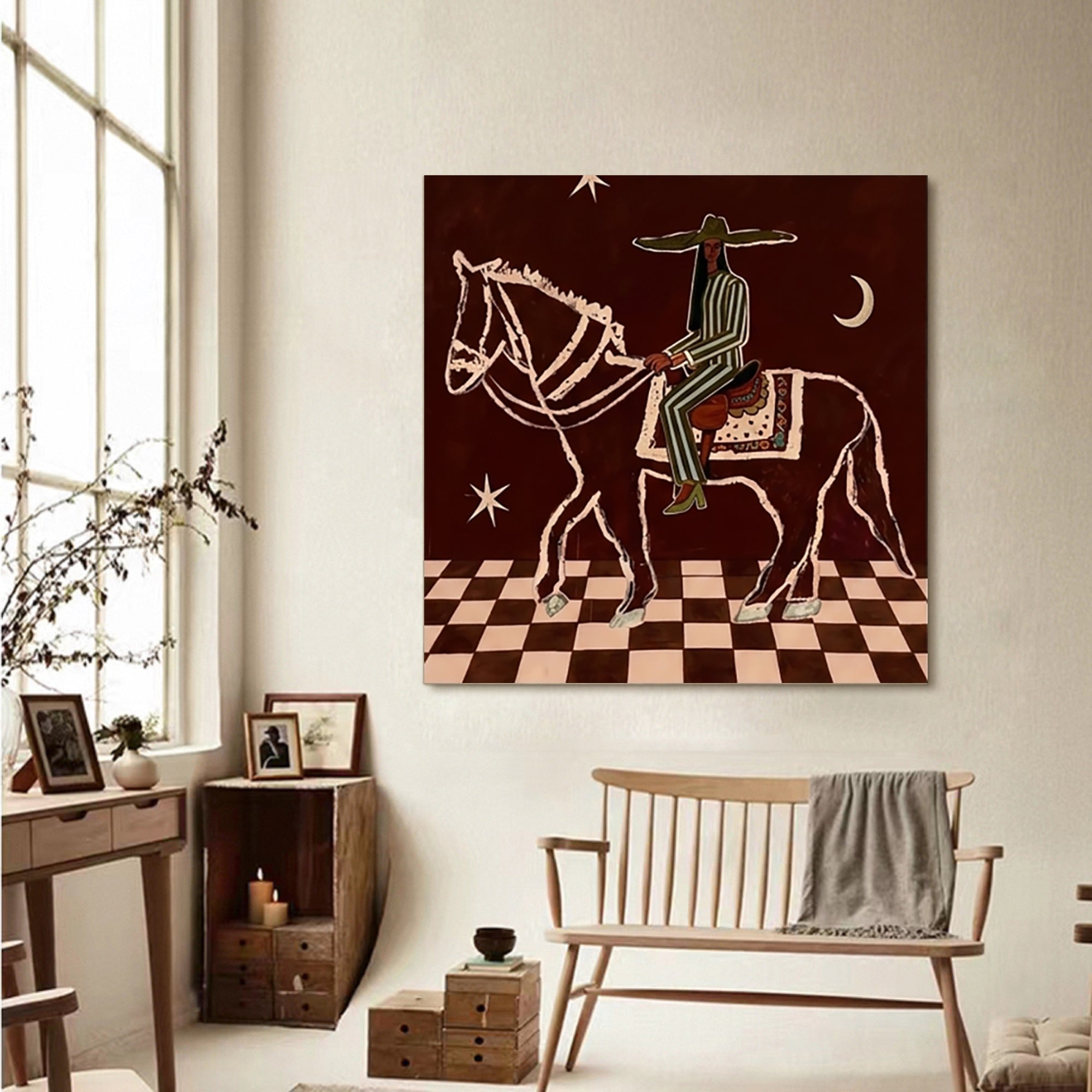 Earthy Tones Vintage Western Rider Wall Art Mid Century Modern Horse Painting