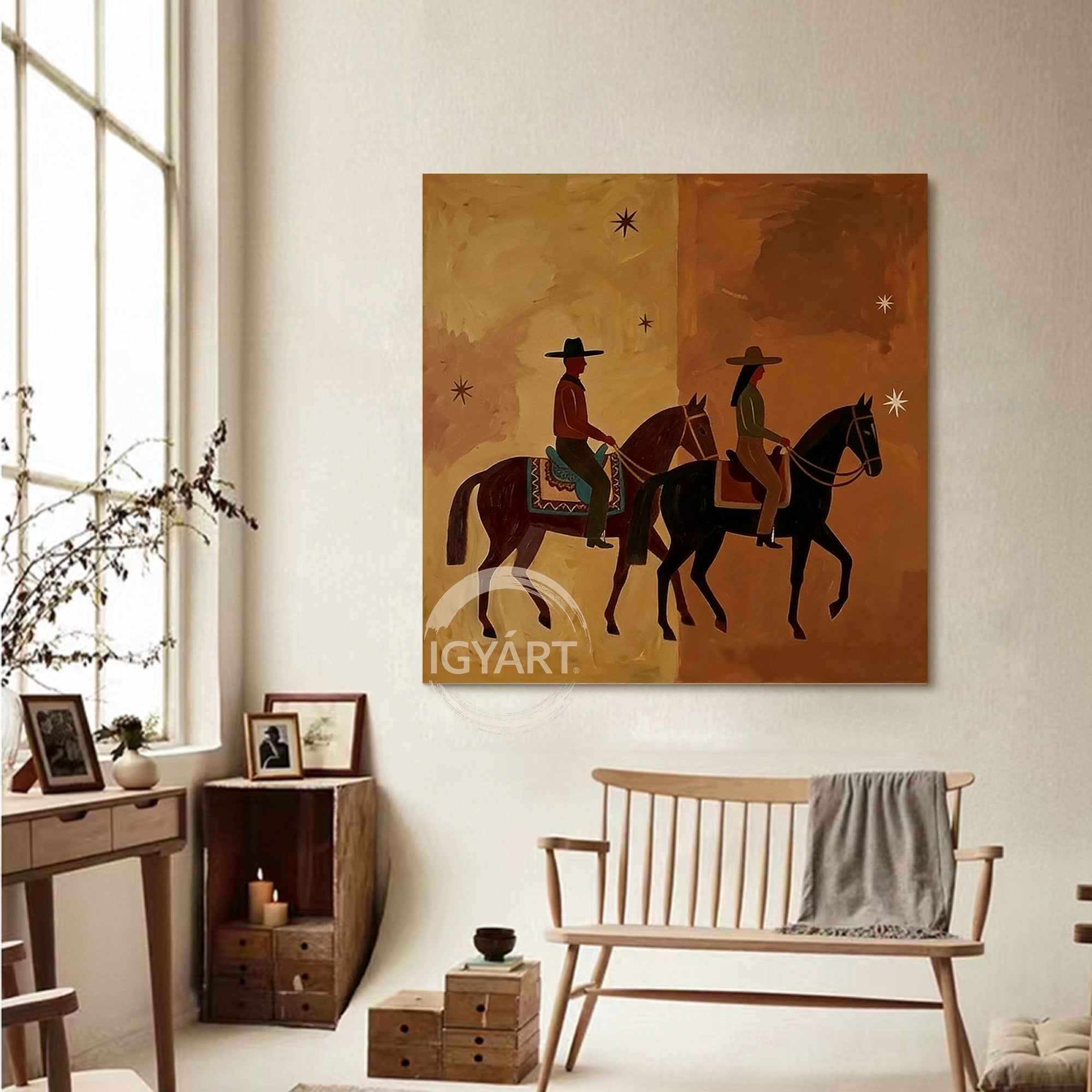 Western wall art of a man and woman riding horses side-by-side under stars, mid-century modern aesthetic, brown and beige split-tone background.