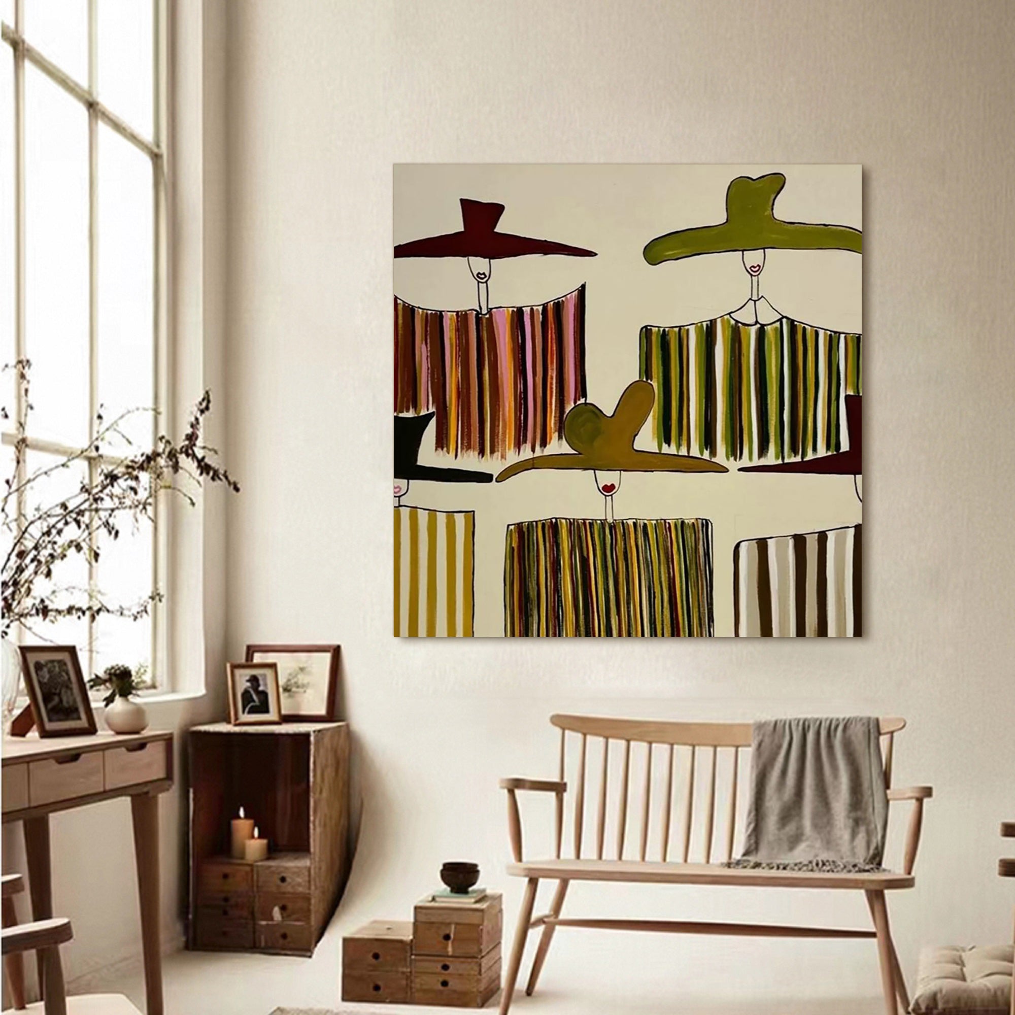 Olive Green figure Abstract Painting Mid-Century Modern Farmhouse wall decor for dining room