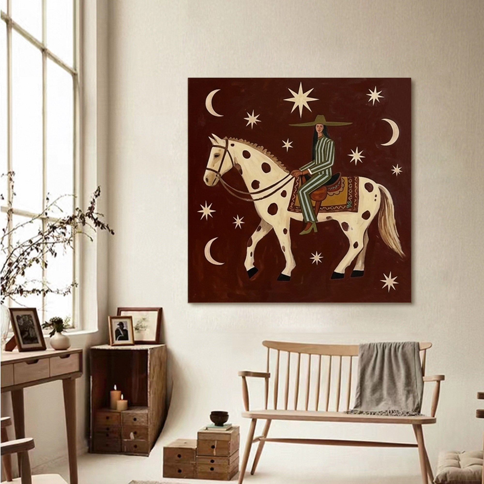 Woman on Horseback Original Hand-painted Oil Painting Modern Folk Art