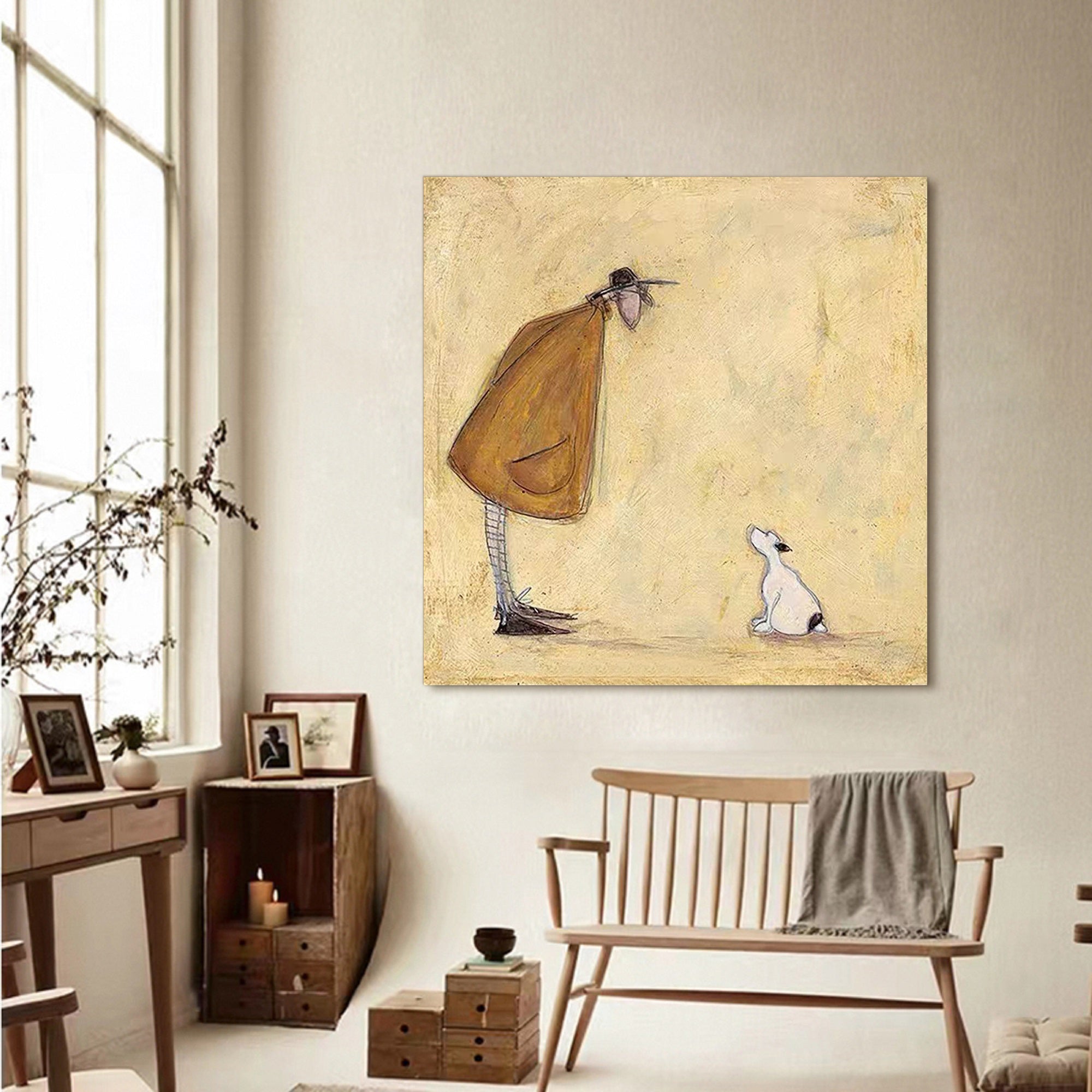 Funny Dog Lover Gift Man and Dog Art Vintage Folk Art Canvas Painting Cozy Reading Nook Art
