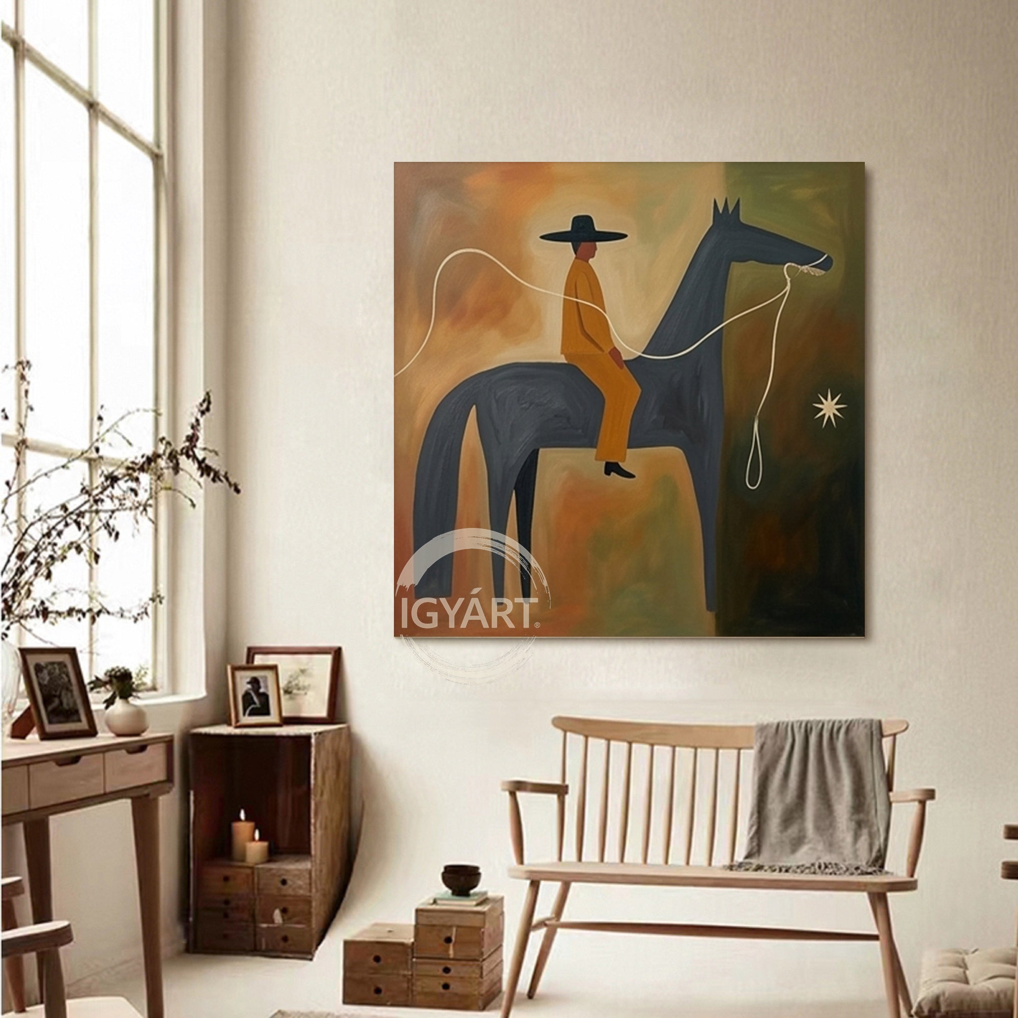 Earth Tone Modern Folk Art Horse Rider Oil Painting Mid-century Modern Art