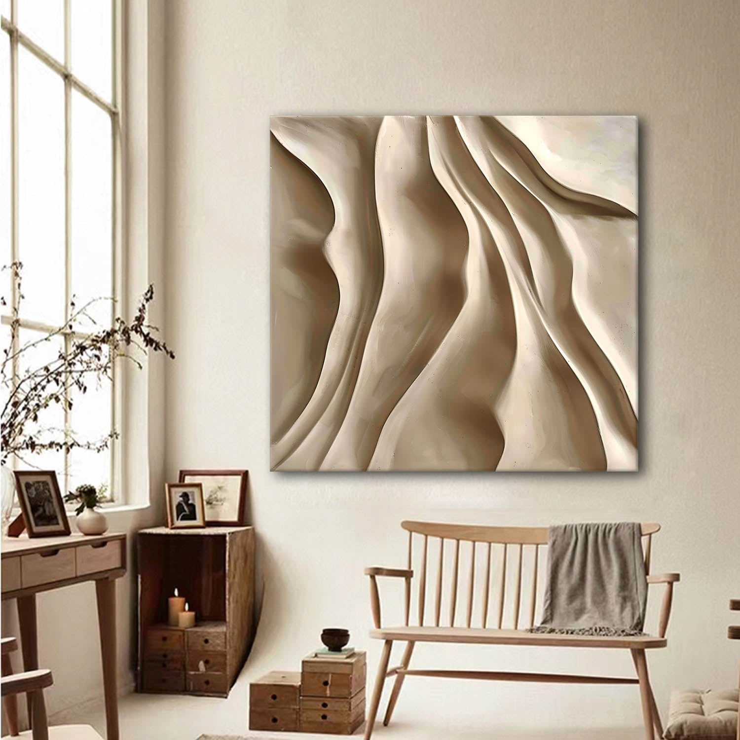 Beige Sculptured art Wood carving wall art Beige 3D Textured Wall Art