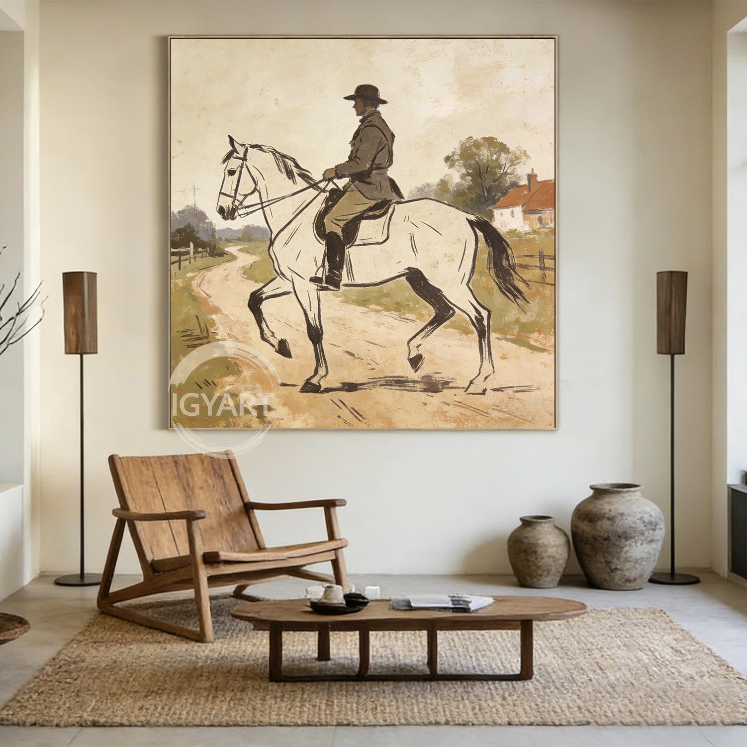 Rustic Farmhouse Wall Art - Hand-painted Impressionist Horse & Rider