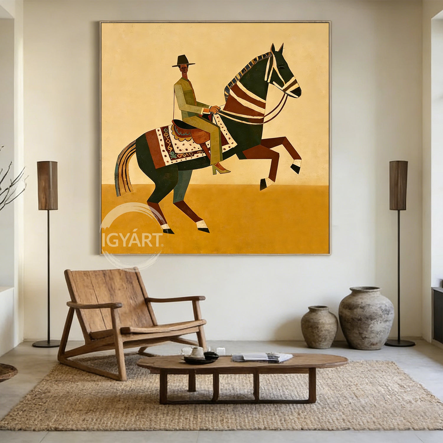 Modern folk art painting of a rider on a geometric horse with a yellow background