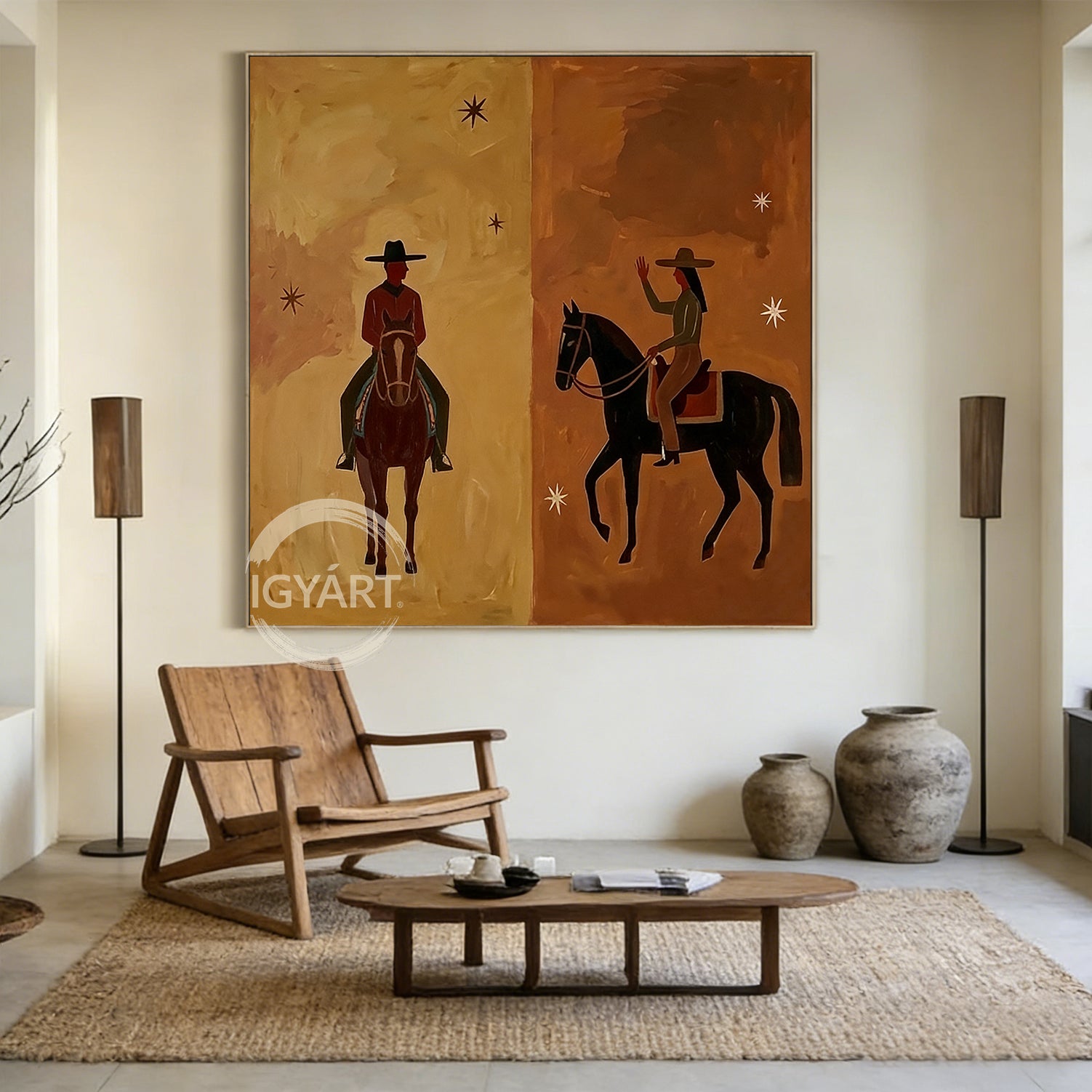 Hand-painted oil painting of a cowboy and cowgirl facing each other on horseback, split background in tan and brown with minimalist stars, Southwestern modern art style.