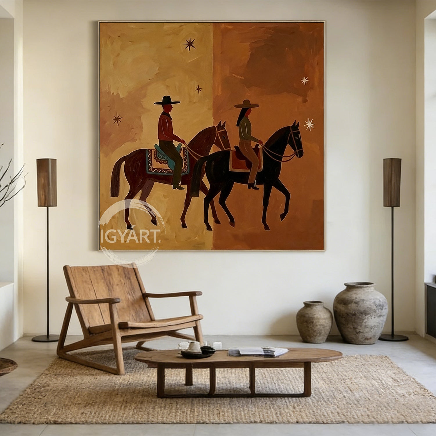Western wall art of a man and woman riding horses side-by-side under stars, mid-century modern aesthetic, brown and beige split-tone background.