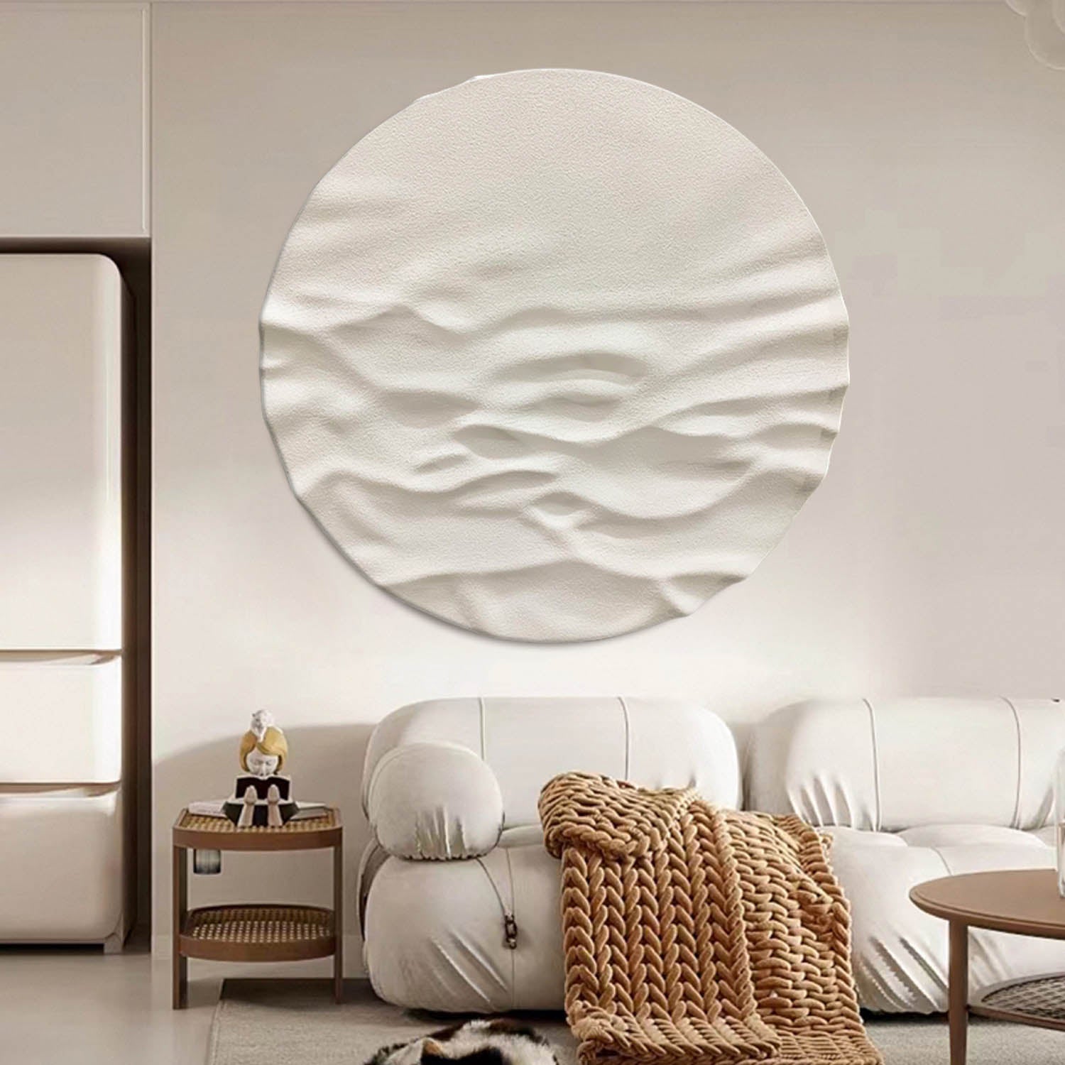 Beige white Circle Art sculpture Textured Wall Decor white Circle Sculptured art Painting white Circle Painting