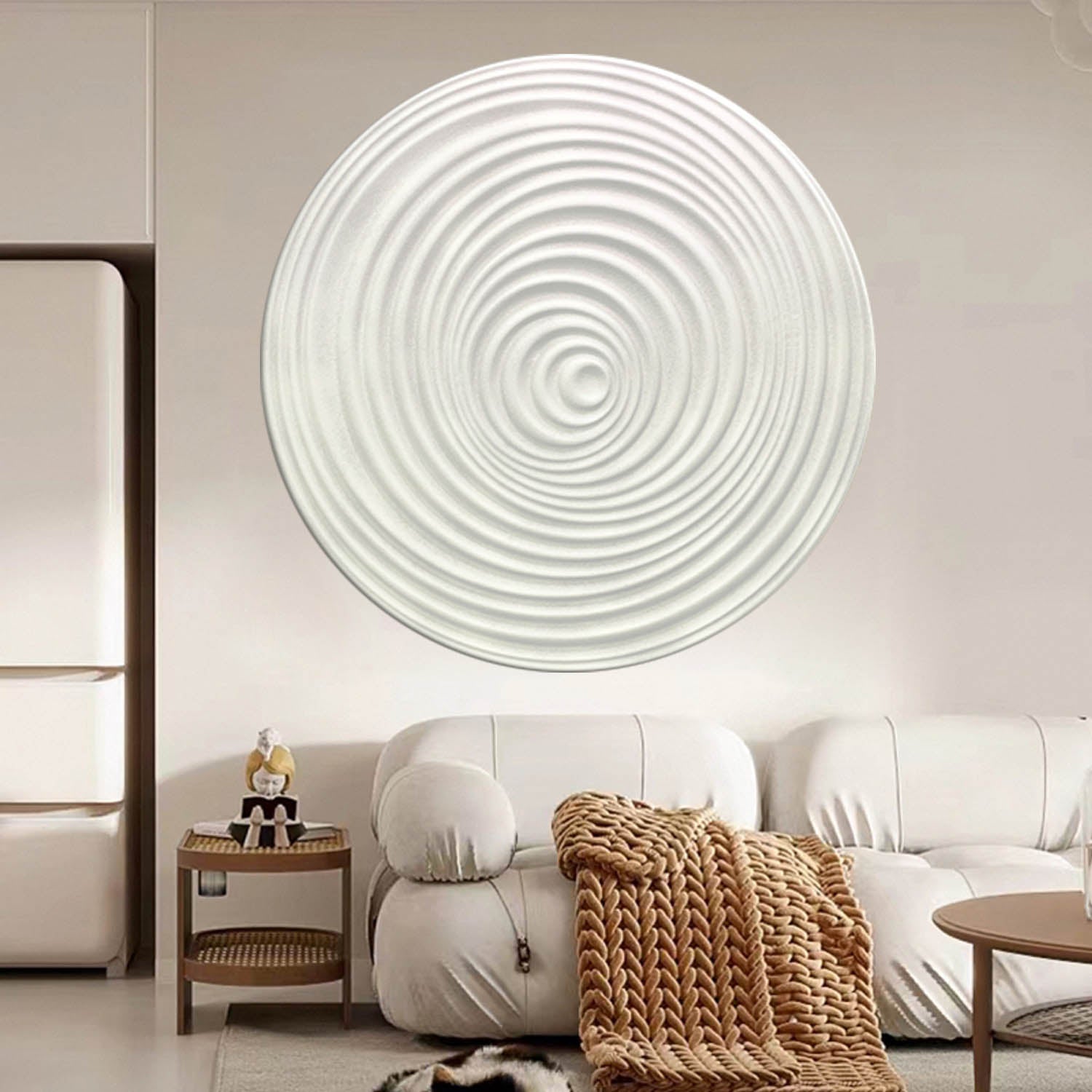 white Circle Painting Beige Textured Wall art white Circle Sculptured art Painting Beige white Circle Art sculpture