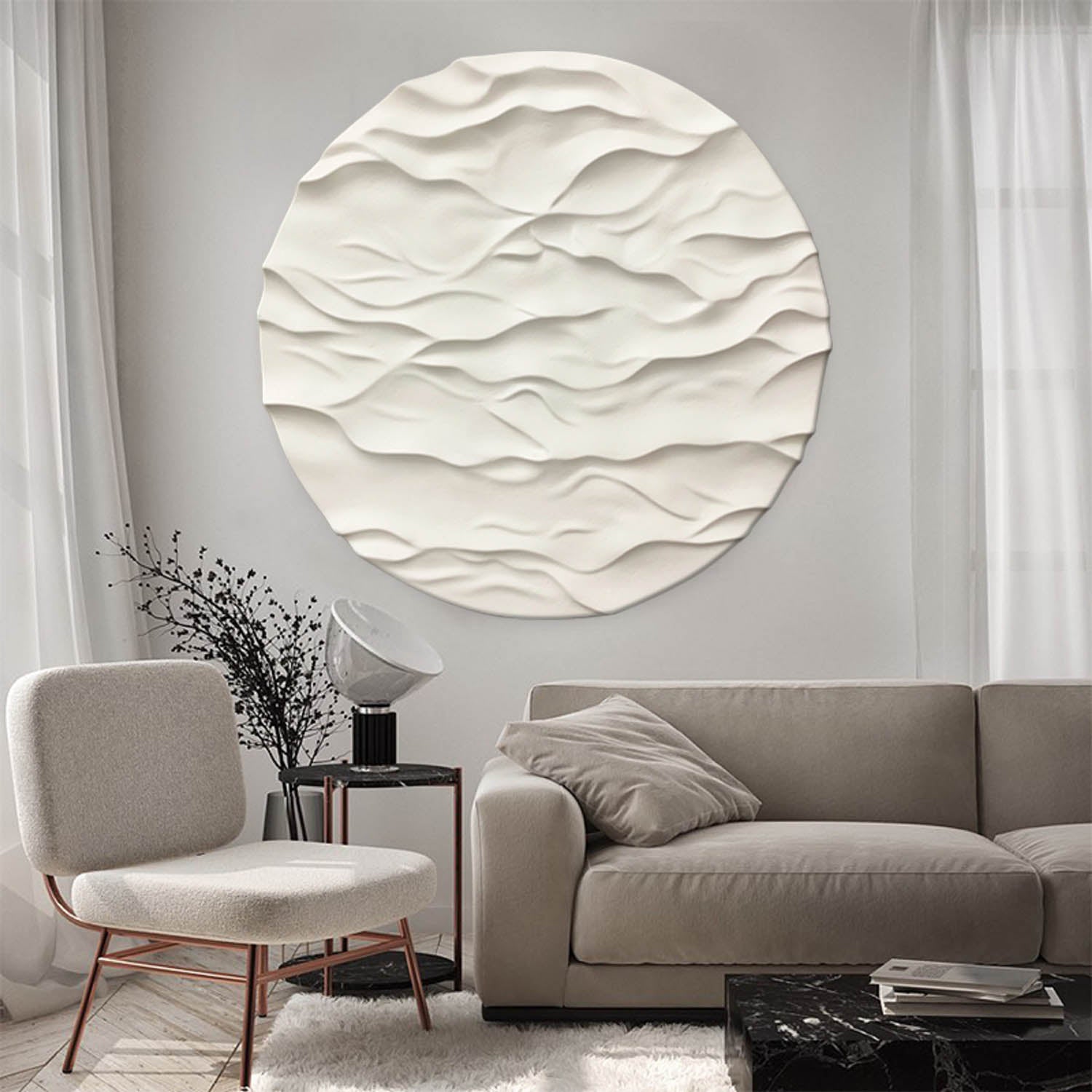 Beige Textured Wall art white Circle Painting white Circle Sculptured art Painting Beige white Circle Art sculpture