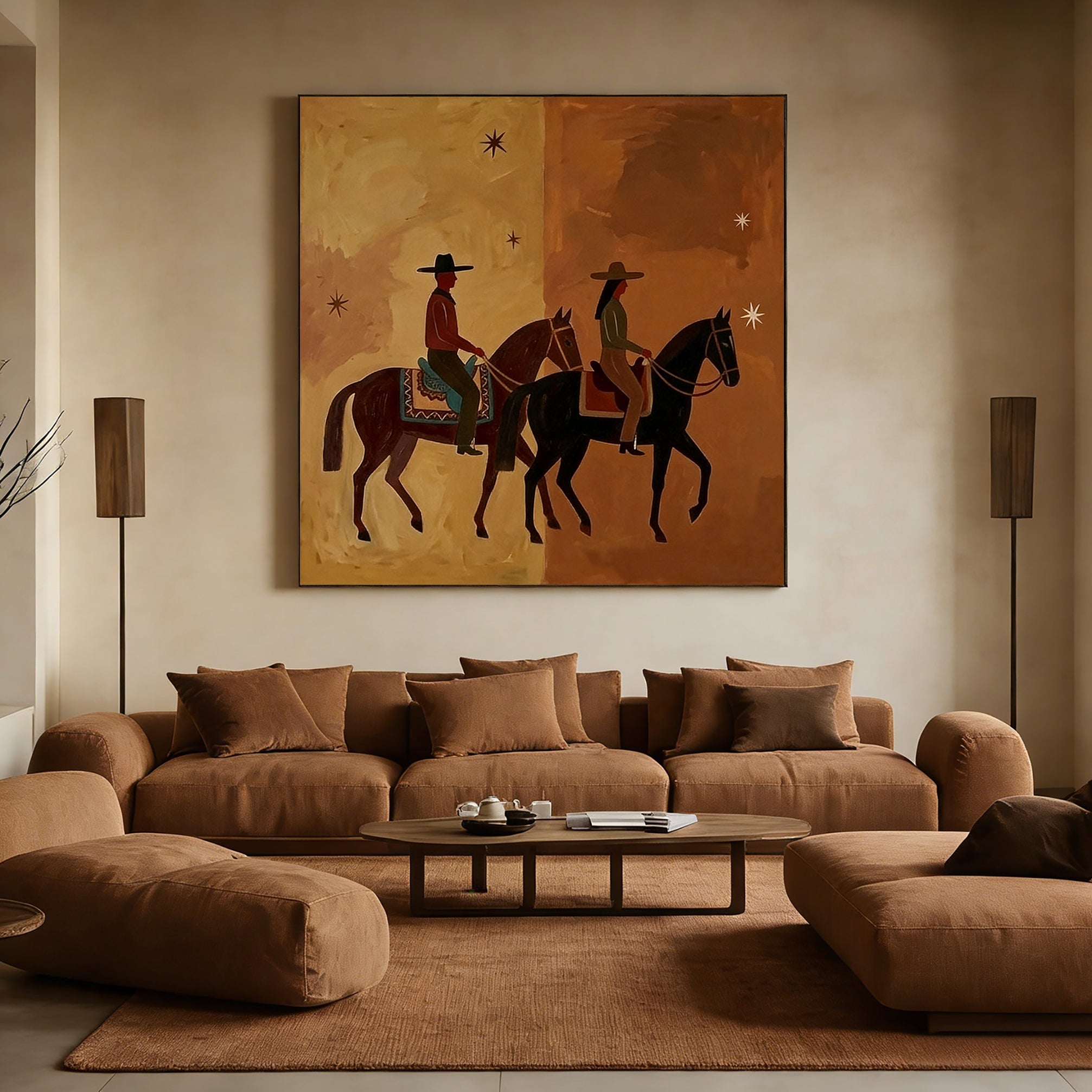 Western wall art of a man and woman riding horses side-by-side under stars, mid-century modern aesthetic, brown and beige split-tone background.