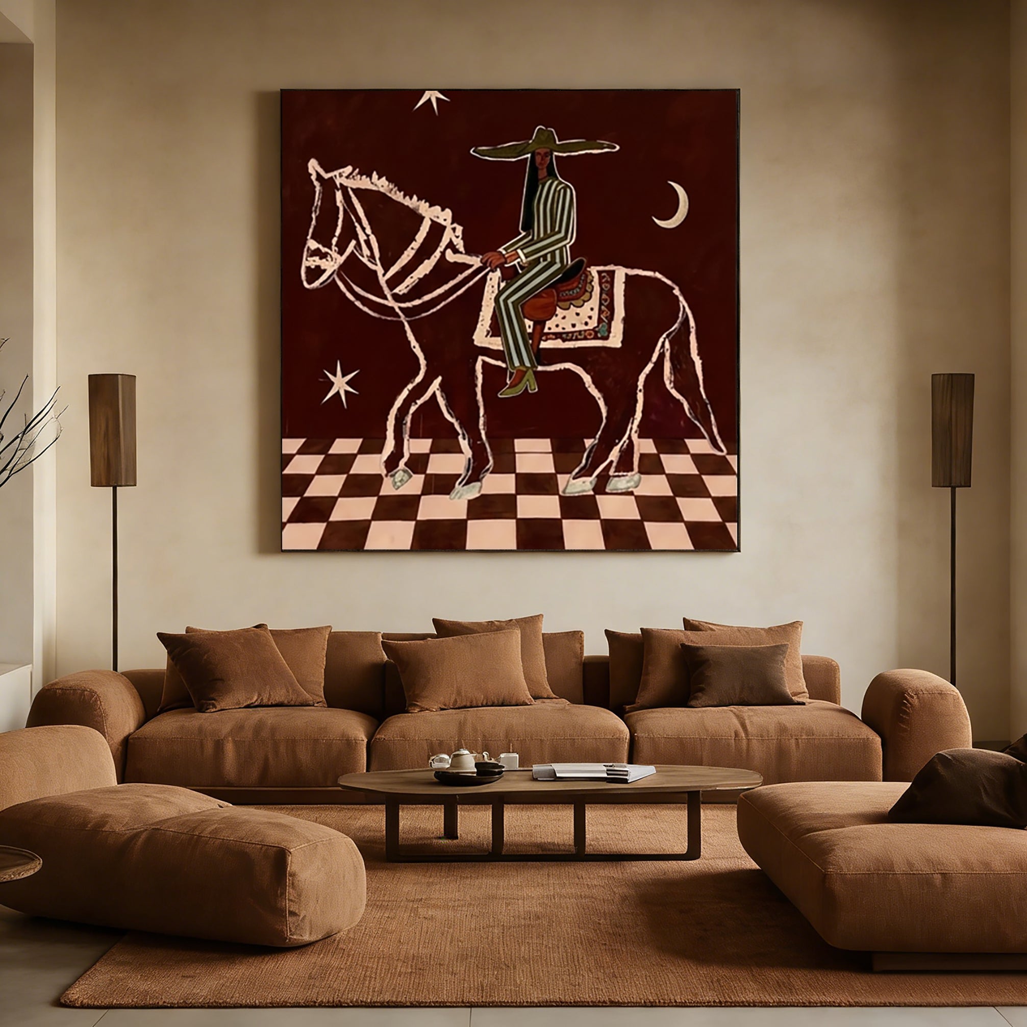 Earthy Tones Vintage Western Rider Wall Art Mid Century Modern Horse Painting