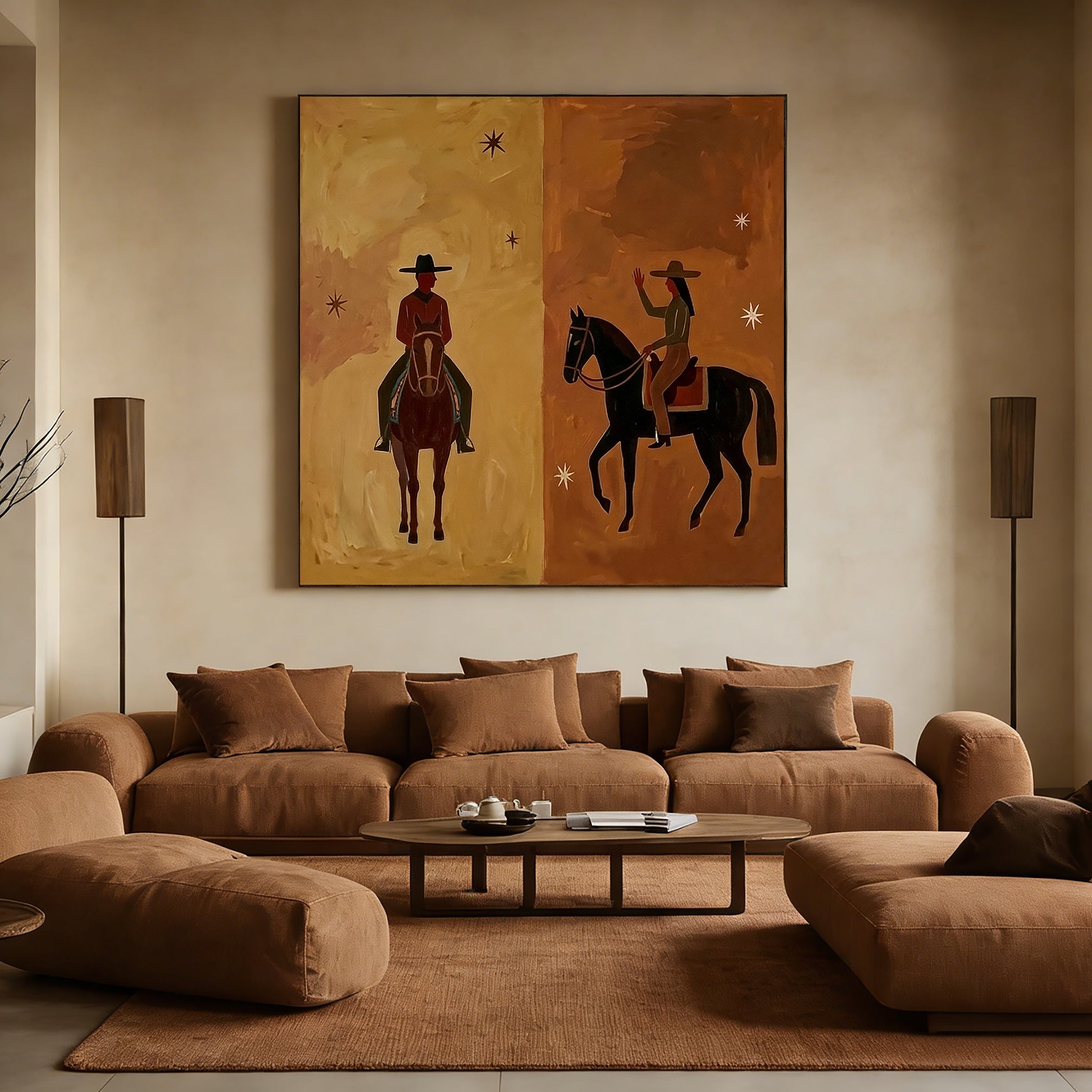 Hand-painted oil painting of a cowboy and cowgirl facing each other on horseback, split background in tan and brown with minimalist stars, Southwestern modern art style.