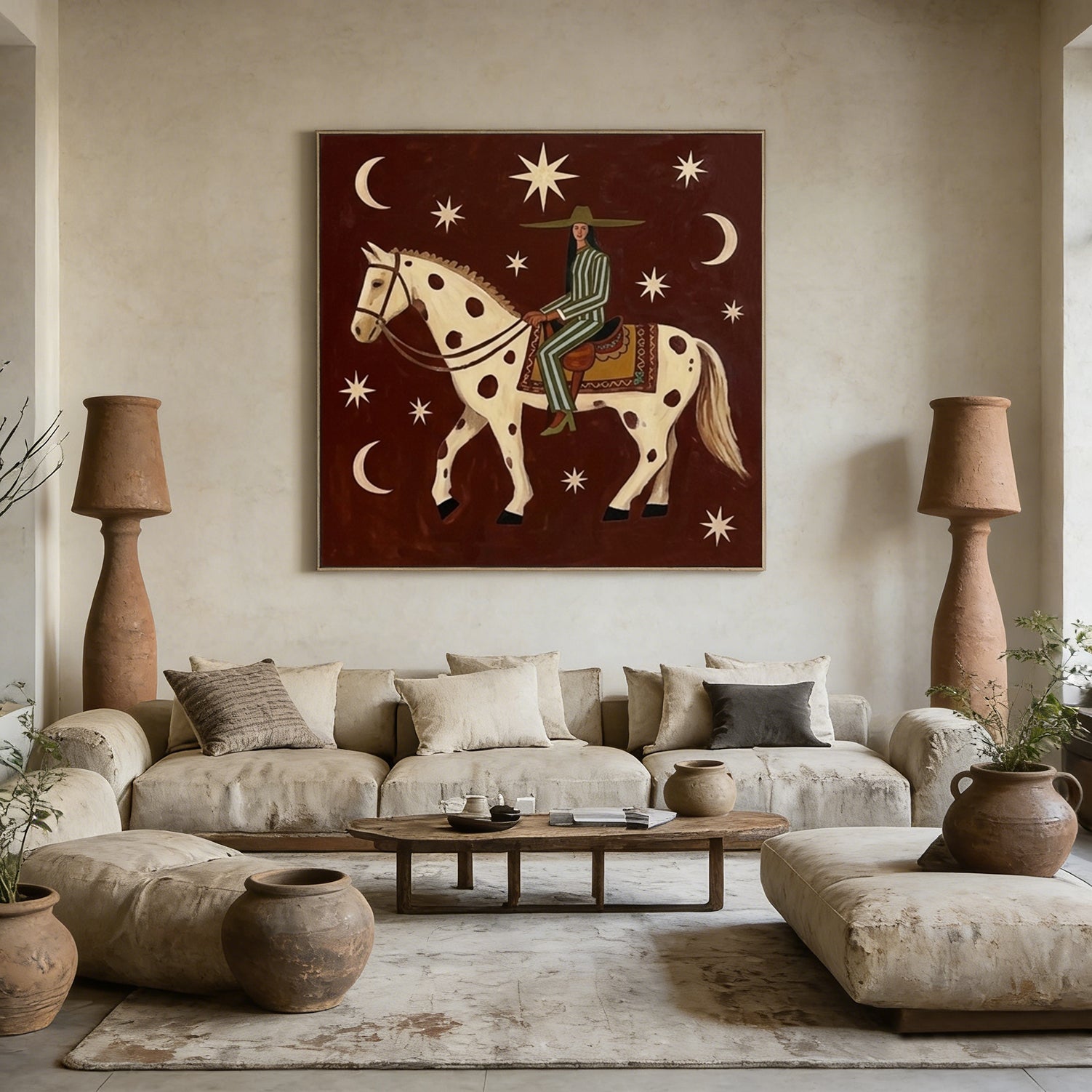 Woman on Horseback Original Hand-painted Oil Painting Modern Folk Art