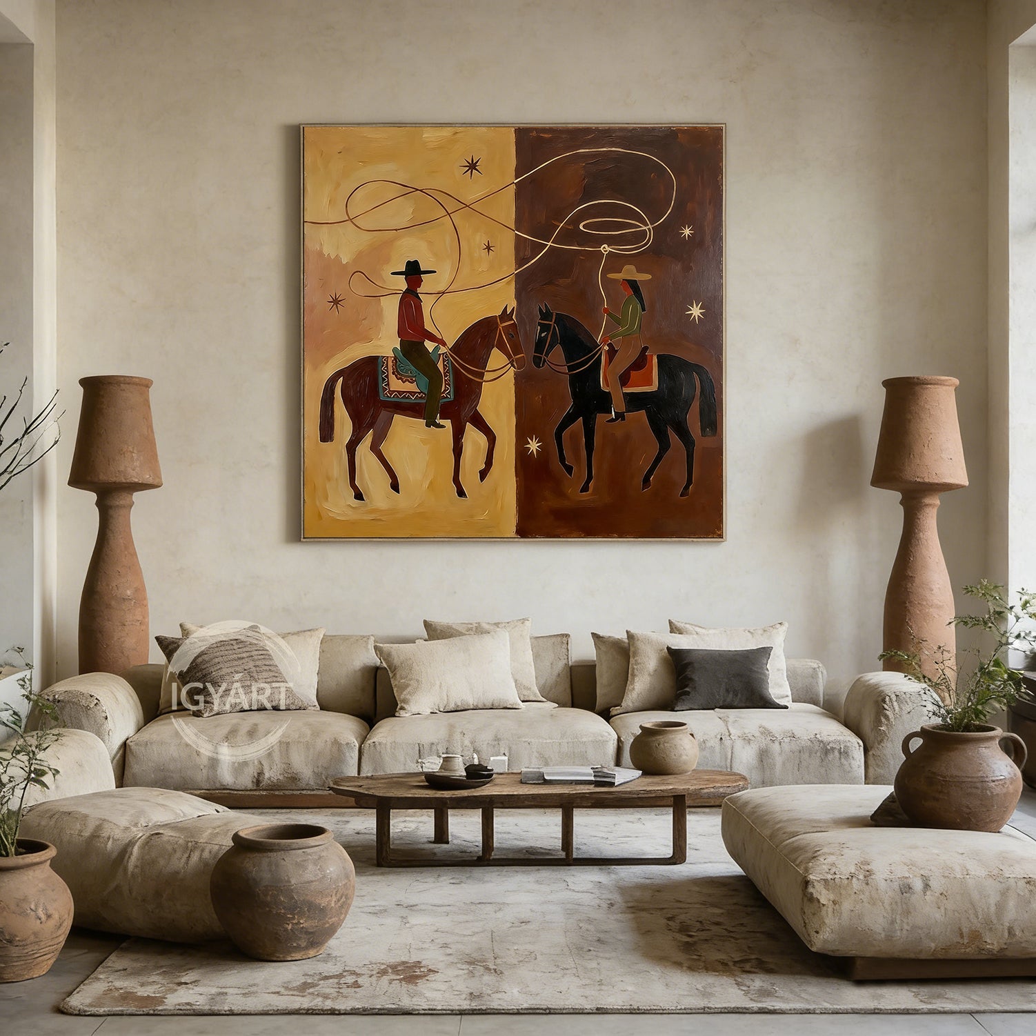 Minimalist Western oil art featuring two riders with a swirling lasso forming a heart-like loop, earthy tones, modern desert night theme.