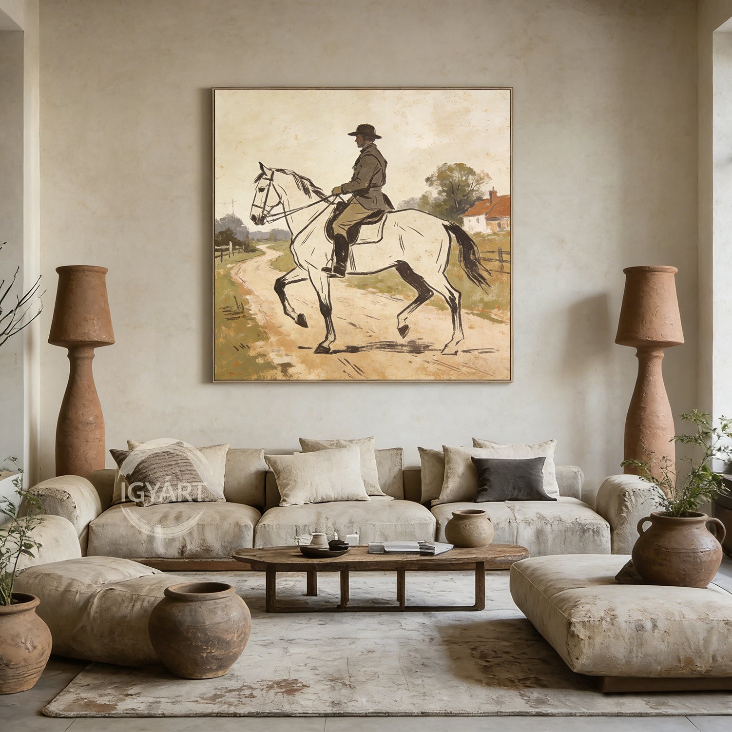 Rustic Farmhouse Wall Art - Hand-painted Impressionist Horse & Rider