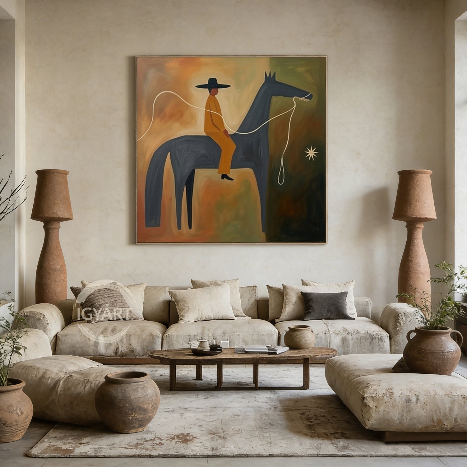 Earth Tone Modern Folk Art Horse Rider Oil Painting Mid-century Modern Art