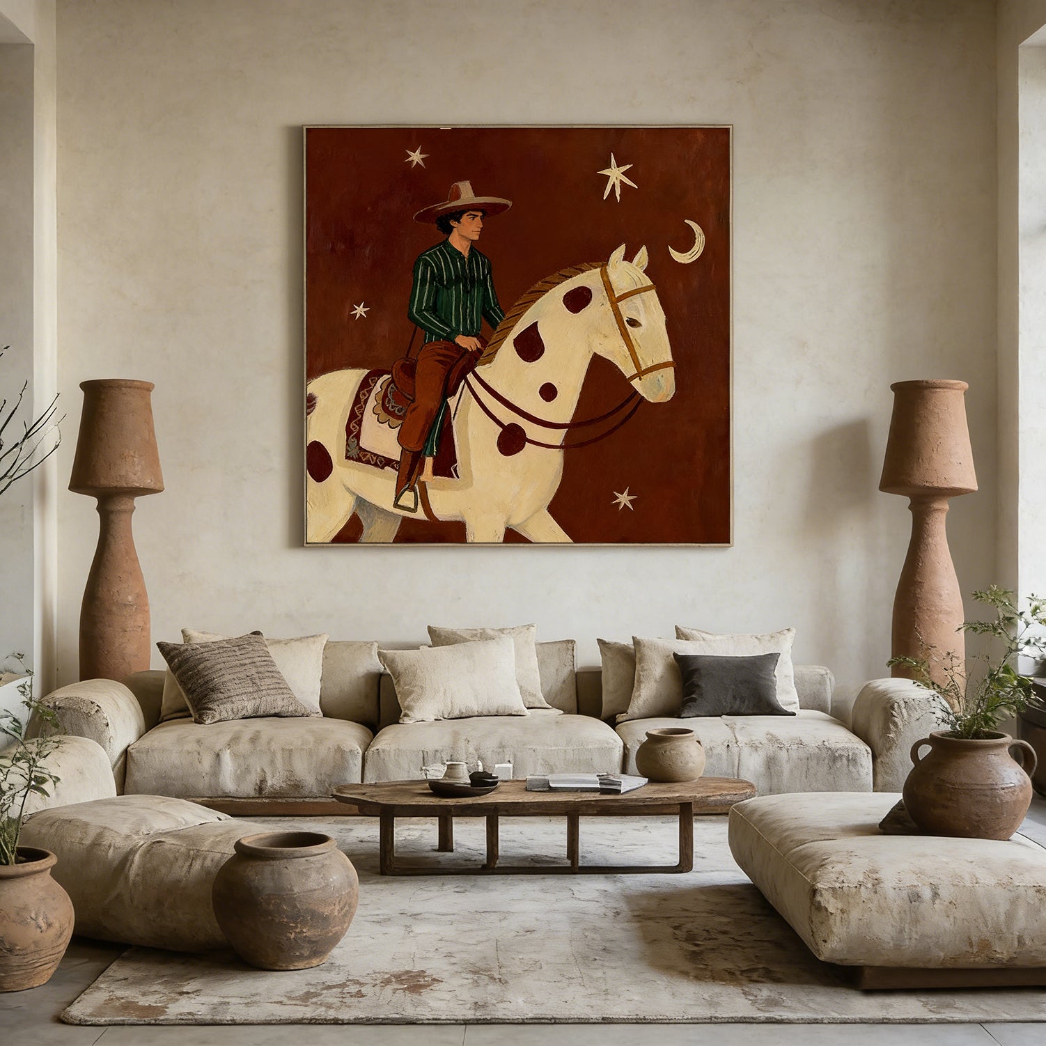 Man and Horse Art Equestrian Painting Mid Century Modern Horse Painting