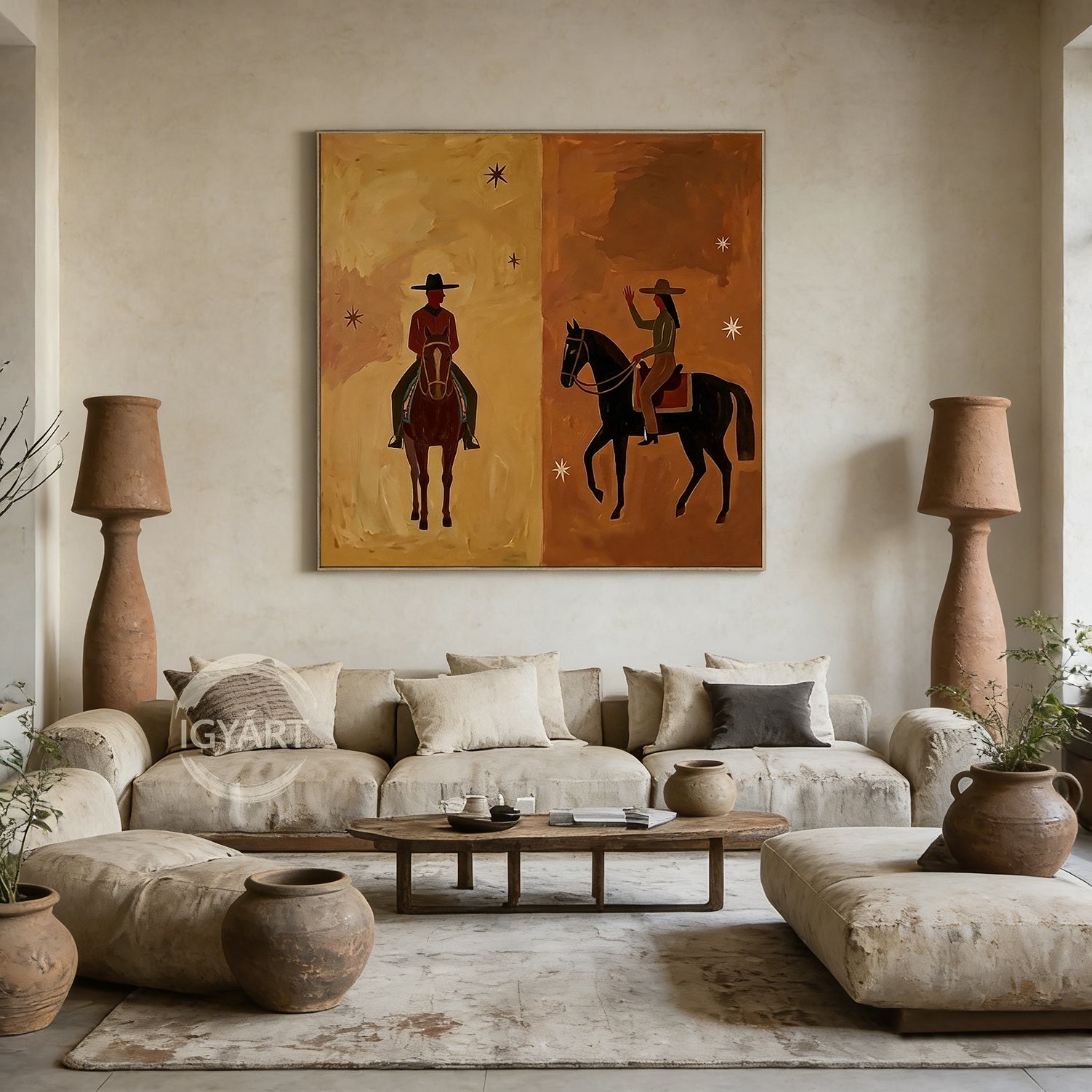 Hand-painted oil painting of a cowboy and cowgirl facing each other on horseback, split background in tan and brown with minimalist stars, Southwestern modern art style.