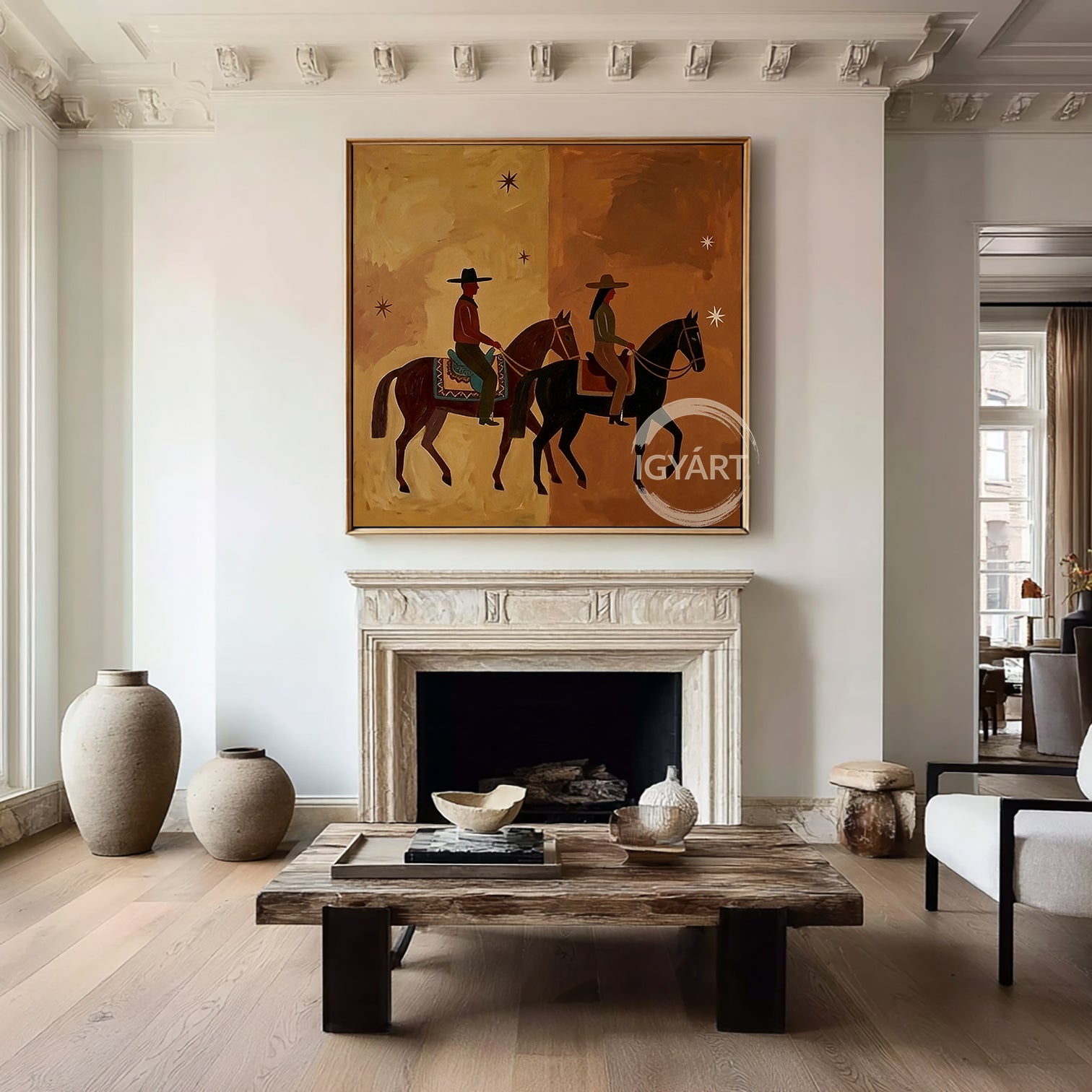 Western wall art of a man and woman riding horses side-by-side under stars, mid-century modern aesthetic, brown and beige split-tone background.