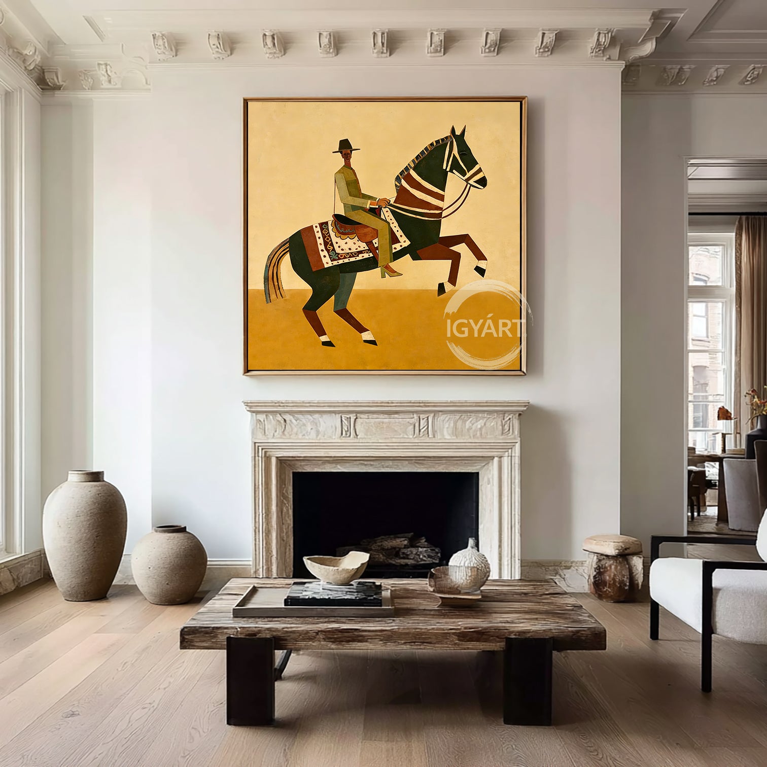 Modern folk art painting of a rider on a geometric horse with a yellow background
