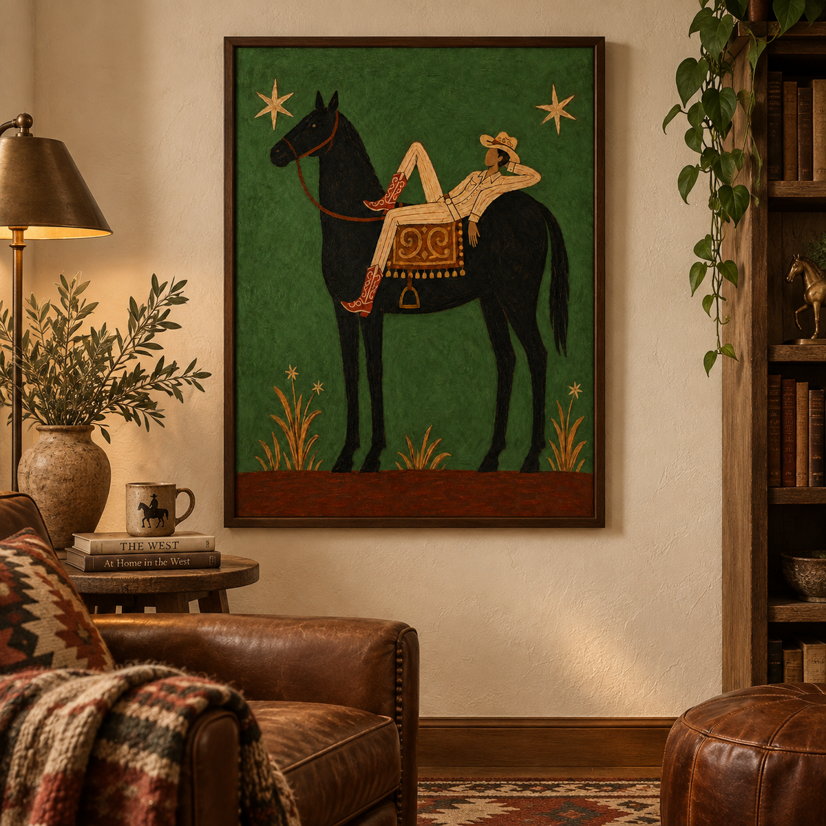Relaxed Cowboy On Black Horse Canvas Art, Starry Night Western Wall Decor Green Background Fine Art