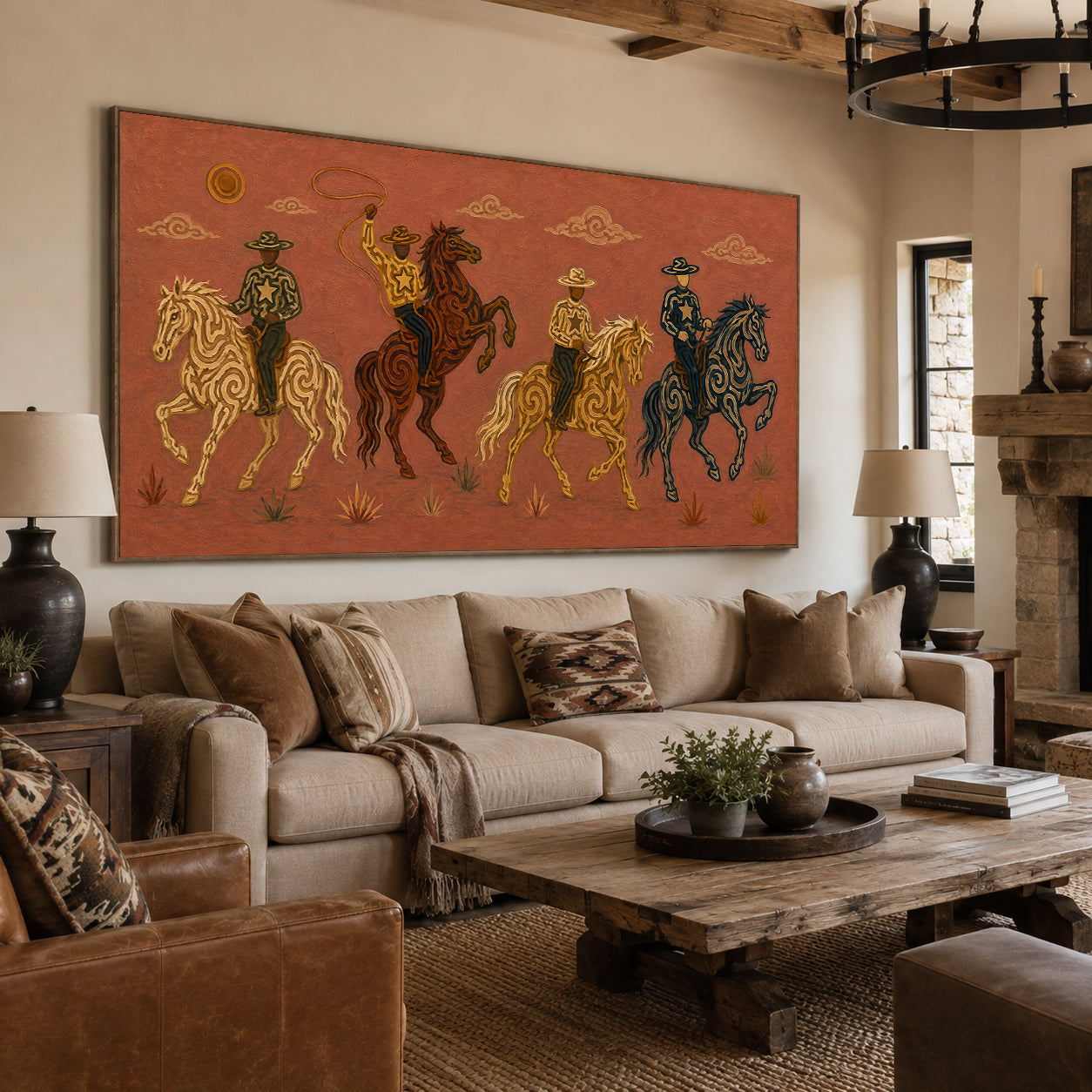 Panoramic Rodeo Cowboy Painting, Lasso Horse Riders, Southwestern Western Ranch Art