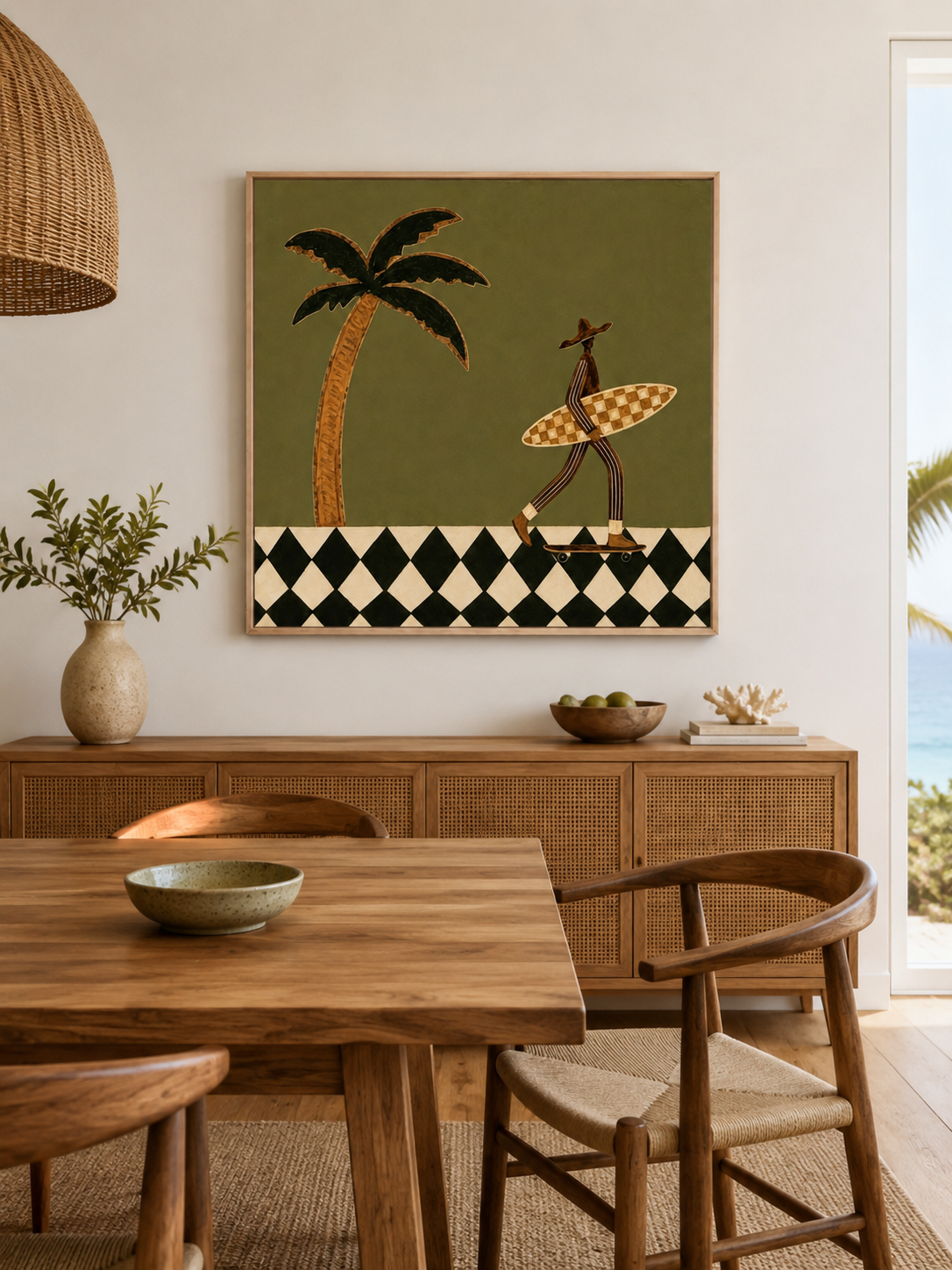 Vintage Skate Surfer Wall Art With Checkerboard Board For Retro Living Room Decor
