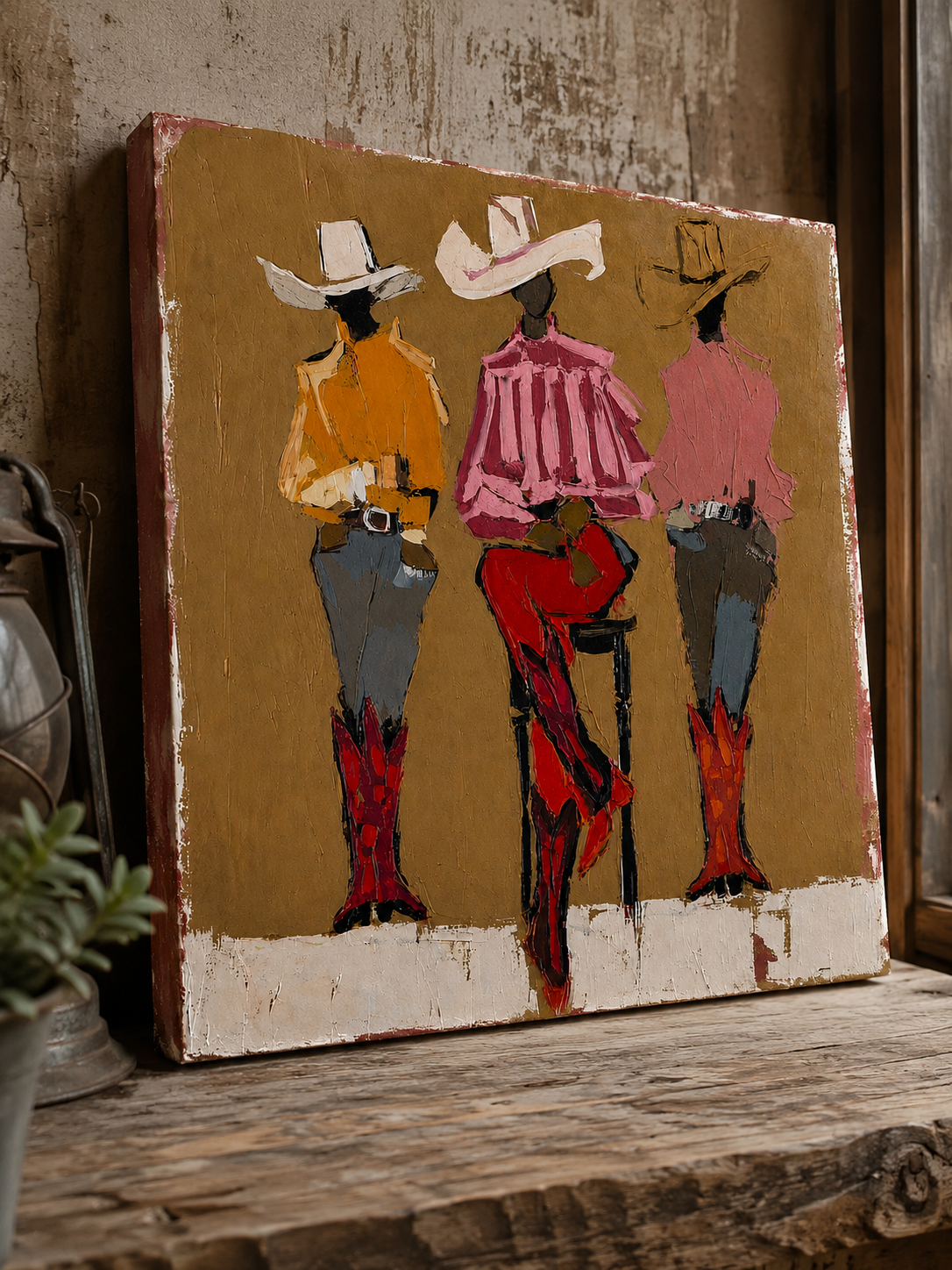 Three Cowgirls Figure Painting Retro Western Art With Textured Brushstrokes For Home Wall