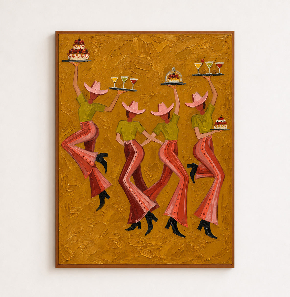 Vintage Cowgirl Party Canvas Painting With Cocktails And Cakes For Rustic Decor