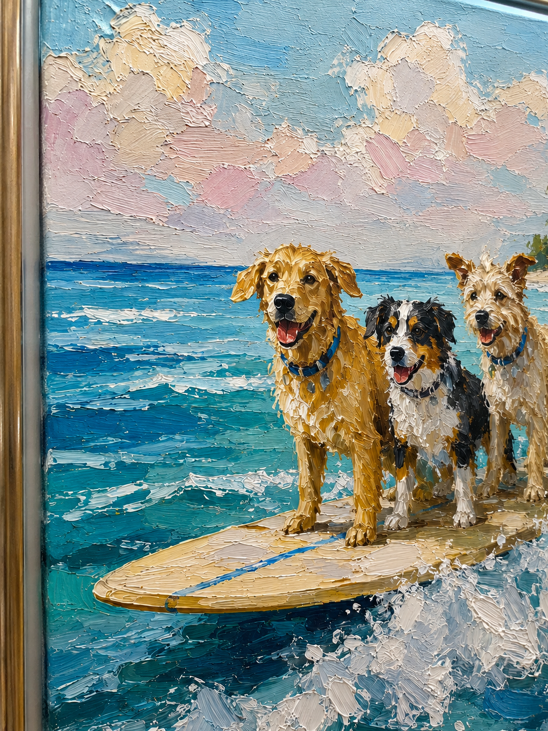 Fun Surfing Dogs Oil Painting For Pet Lovers Beach Themed Wall Art