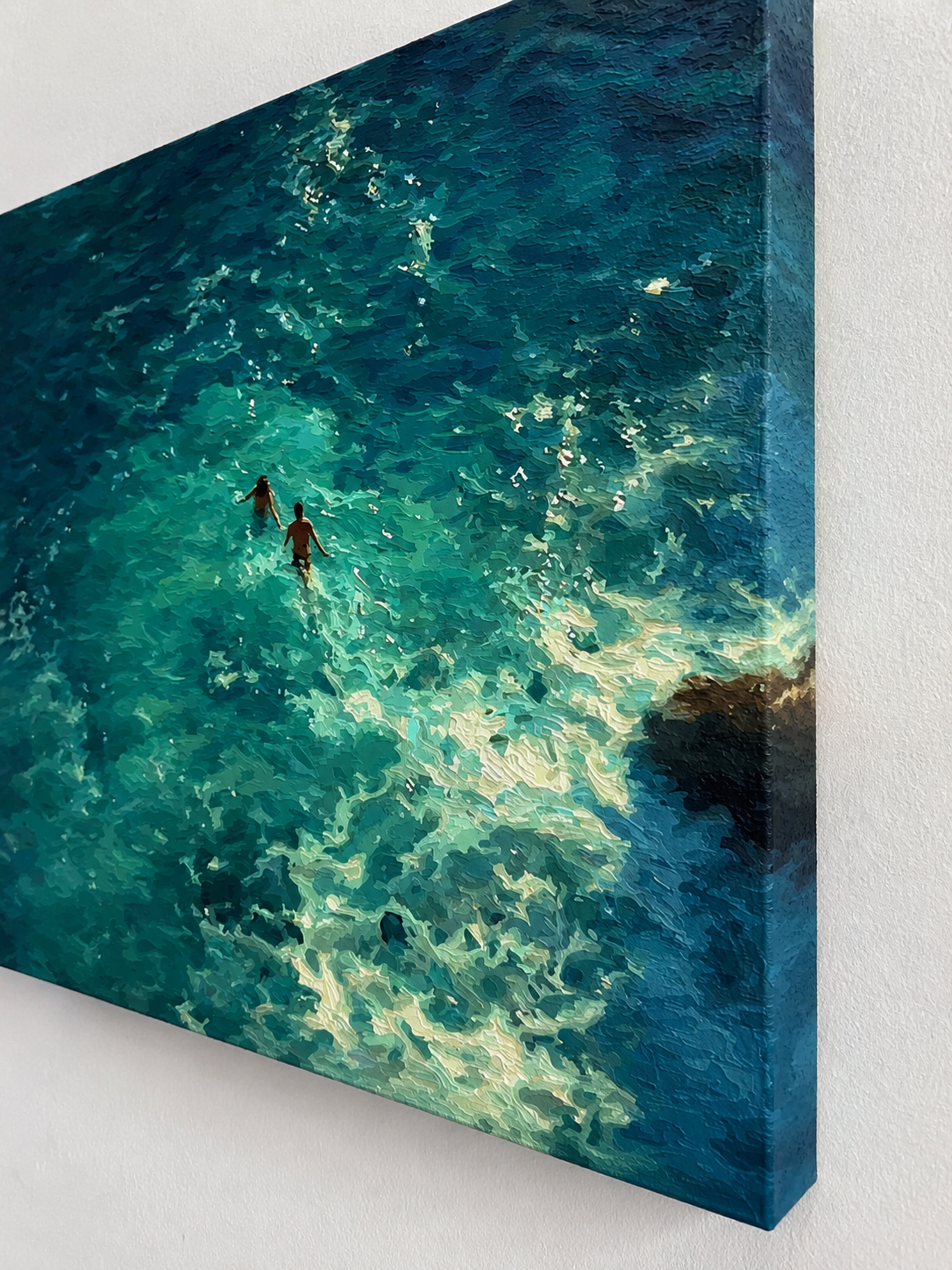 Emerald Ocean Swimmers Square Canvas Art For Beach House Wall Decor