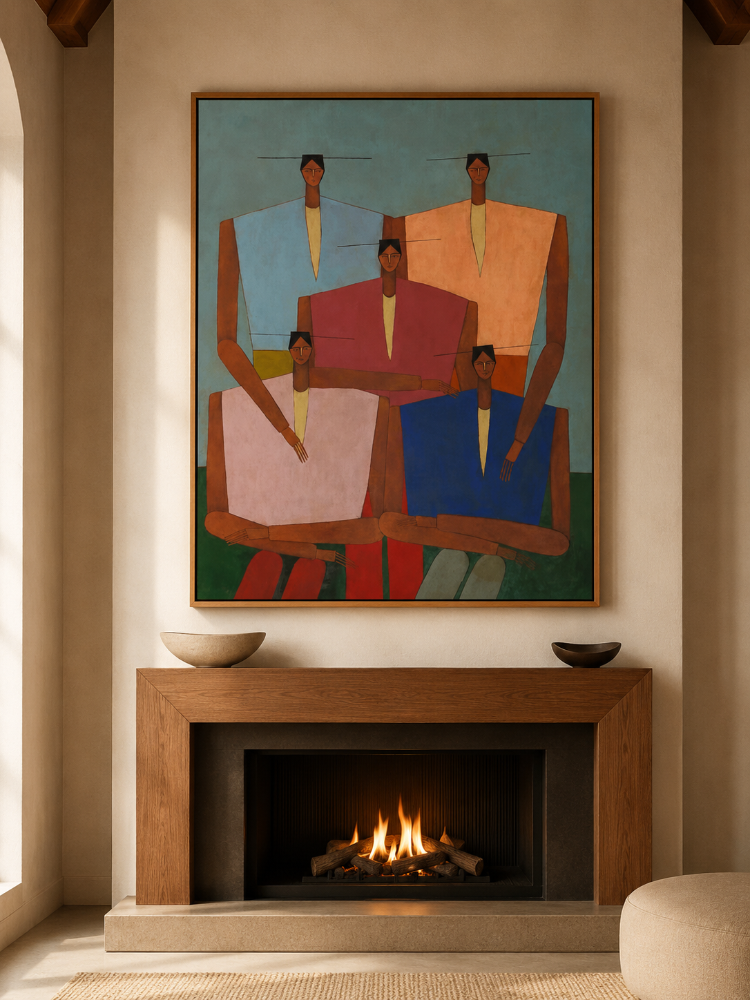 Mid-Century Modern Abstract Family Group Oil Painting - Colorful Figurative Wall Art