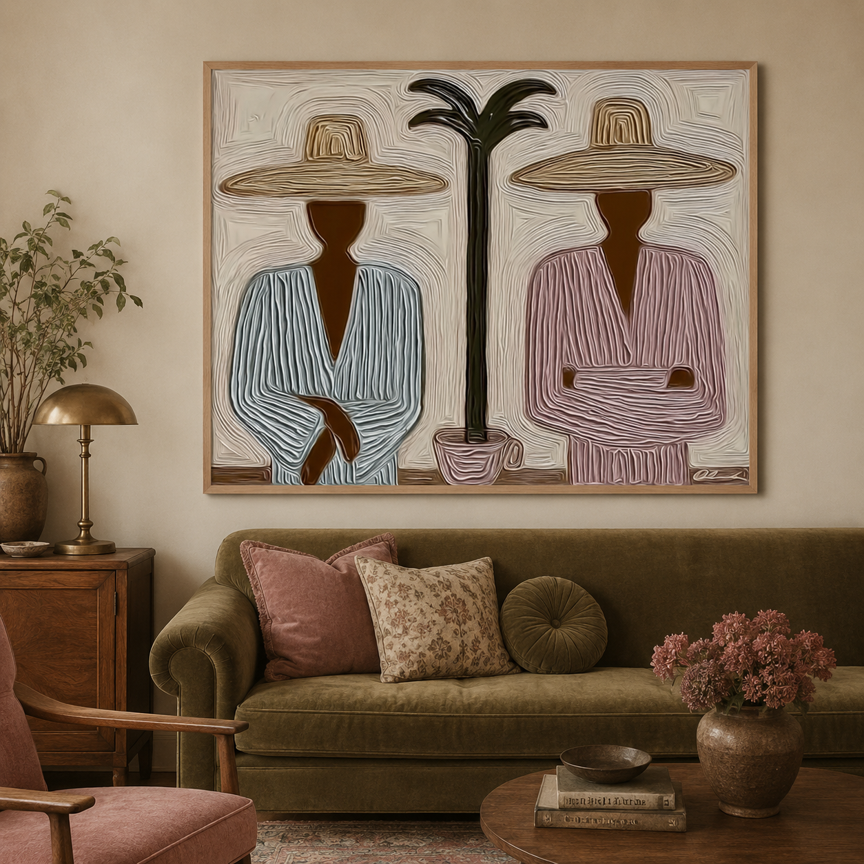 Wabi Sabi Tropical Art With Palm Tree And Minimalist Figures For Modern Home Decor