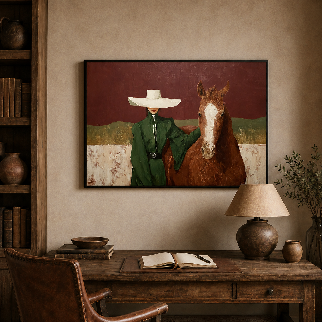 Elegant Woman With Horse Painting In Burgundy And Green For Modern Home Wall Art Decor