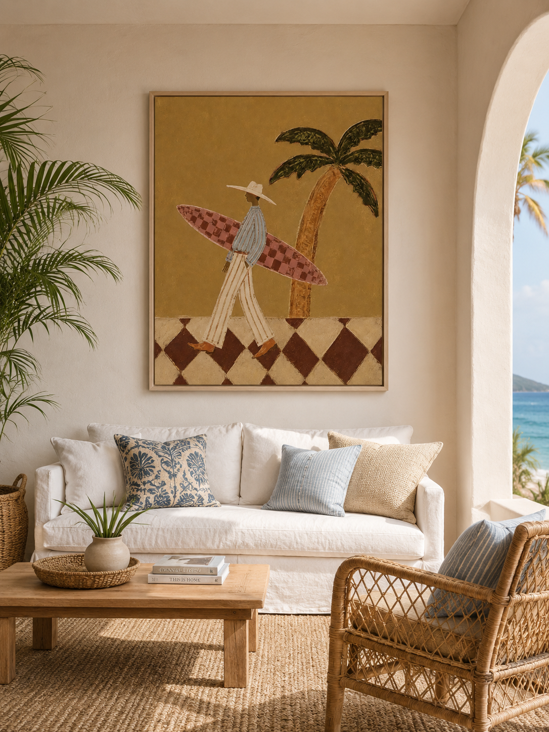 Vintage Surfer Painting With Checkerboard Board For Coastal Living Room Wall Art Decor