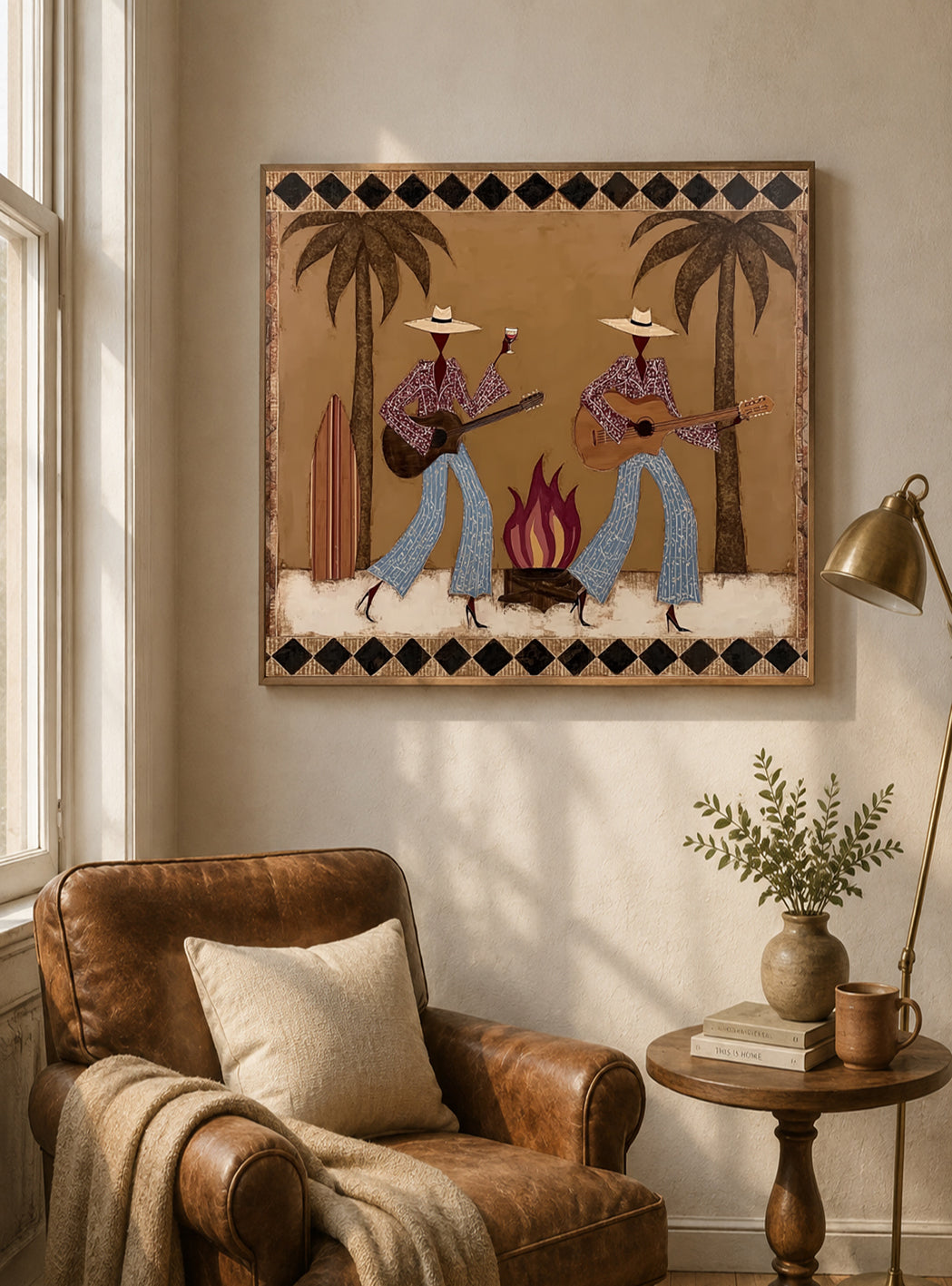 Cowgirl Guitar And Wine Painting, Retro Western Bar Wall Art, Southwest Music Decor