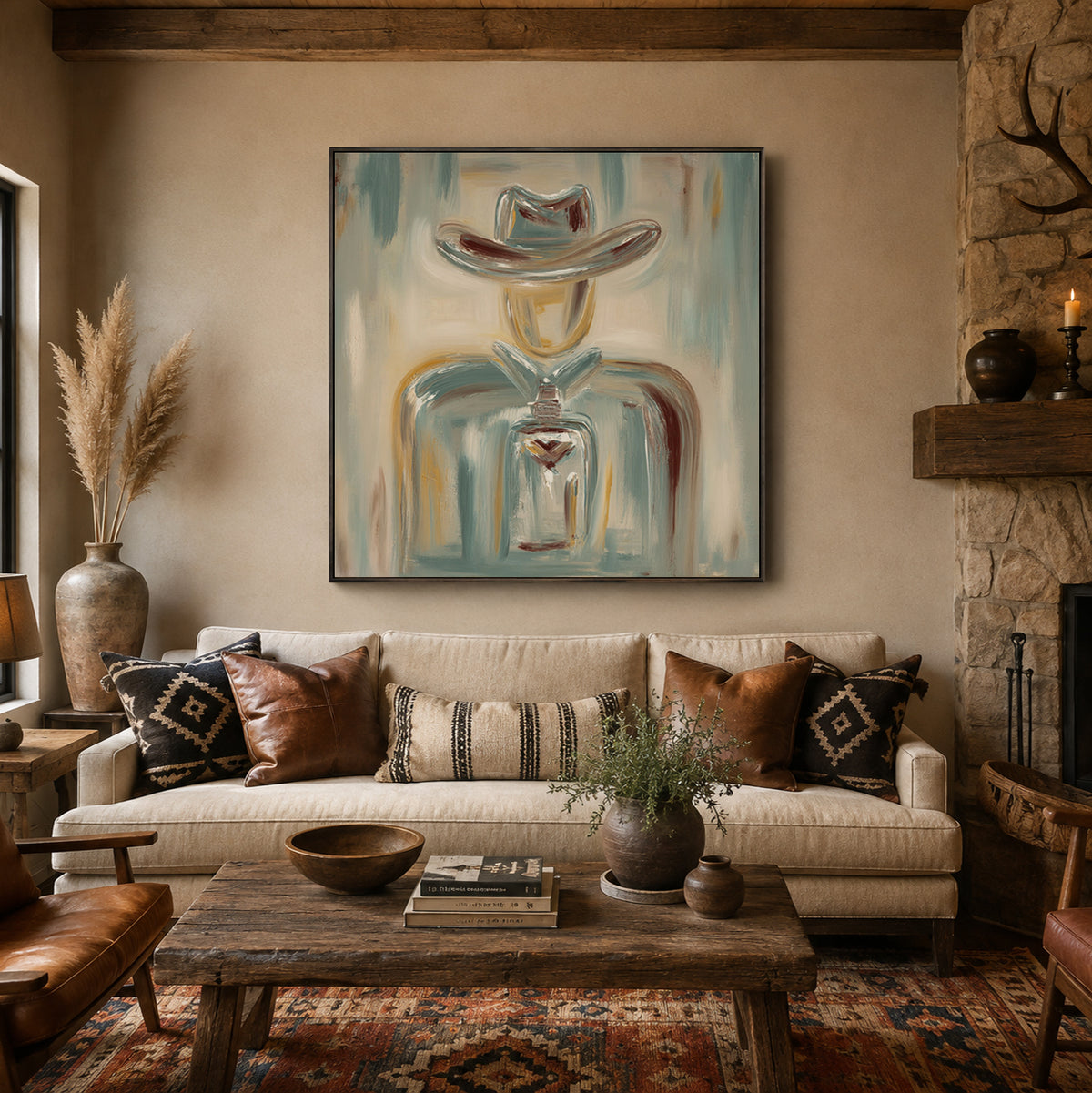 Abstract Cowboy Canvas Art, Terracotta Western Wall Decor,Neutral Rustic Artwork