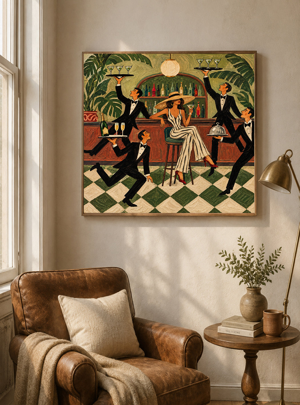 Vintage Cocktail Lounge Art With Lady And Waiters In Green Bar Scene Canvas Painting
