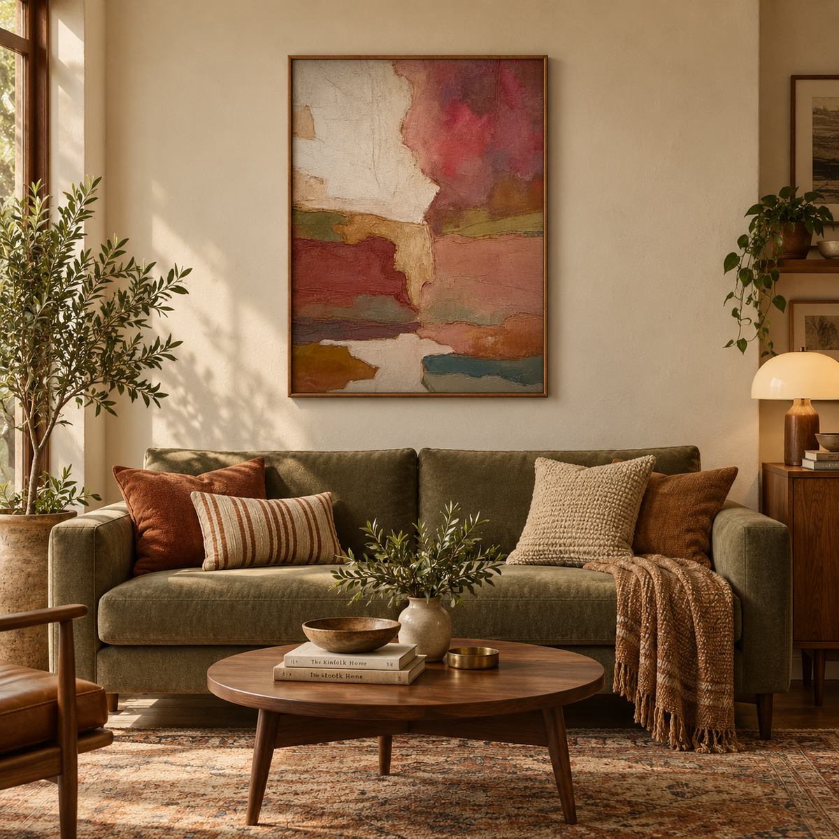 Earth Tone Art Vintage Terracotta Abstract Landscape Painting | Cream & Olive Organic Wall Art