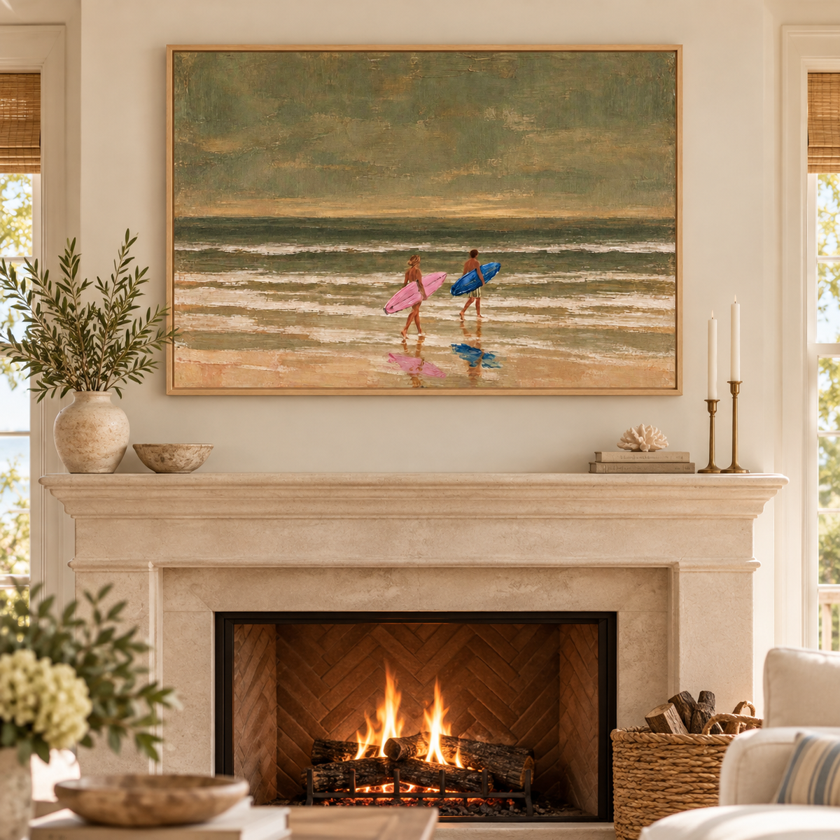 Couples Surfing Canvas Art, Pink And Blue Surfboard Beach Decor, Vintage Coastal Ocean Painting