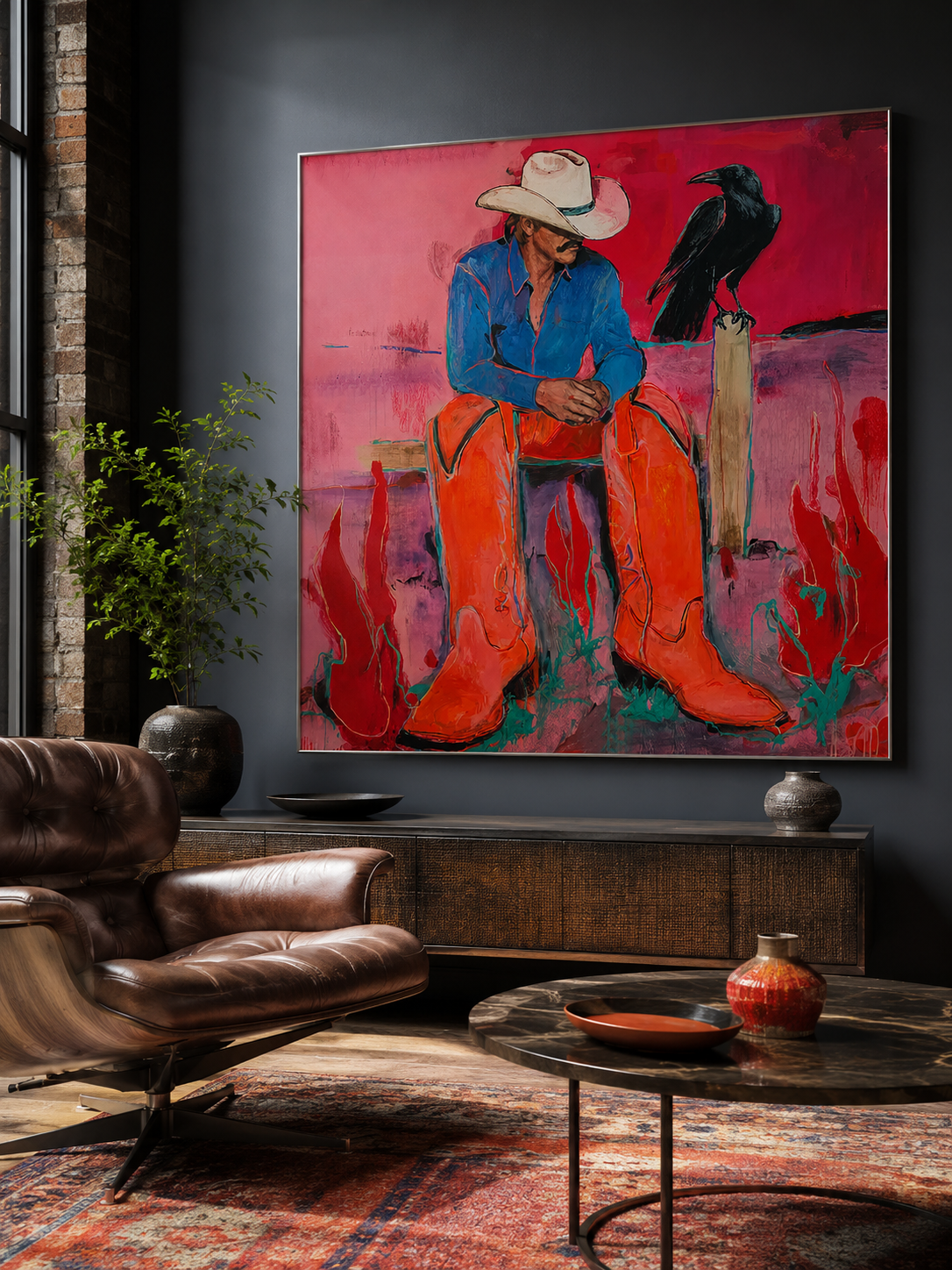 Modern Cowboy Painting With Raven For Living Room Wall Decor Original Art