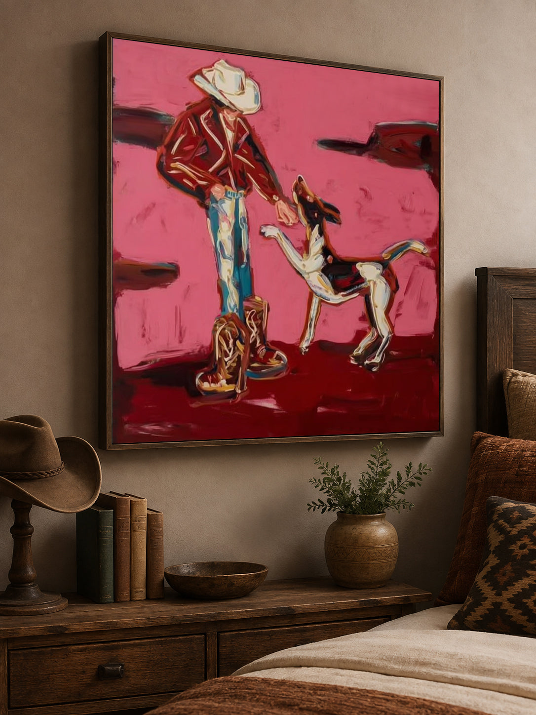 Hand-Painted Cowboy And Dog Canvas Painting In Pink Red Tones Whimsical Puppy Painting