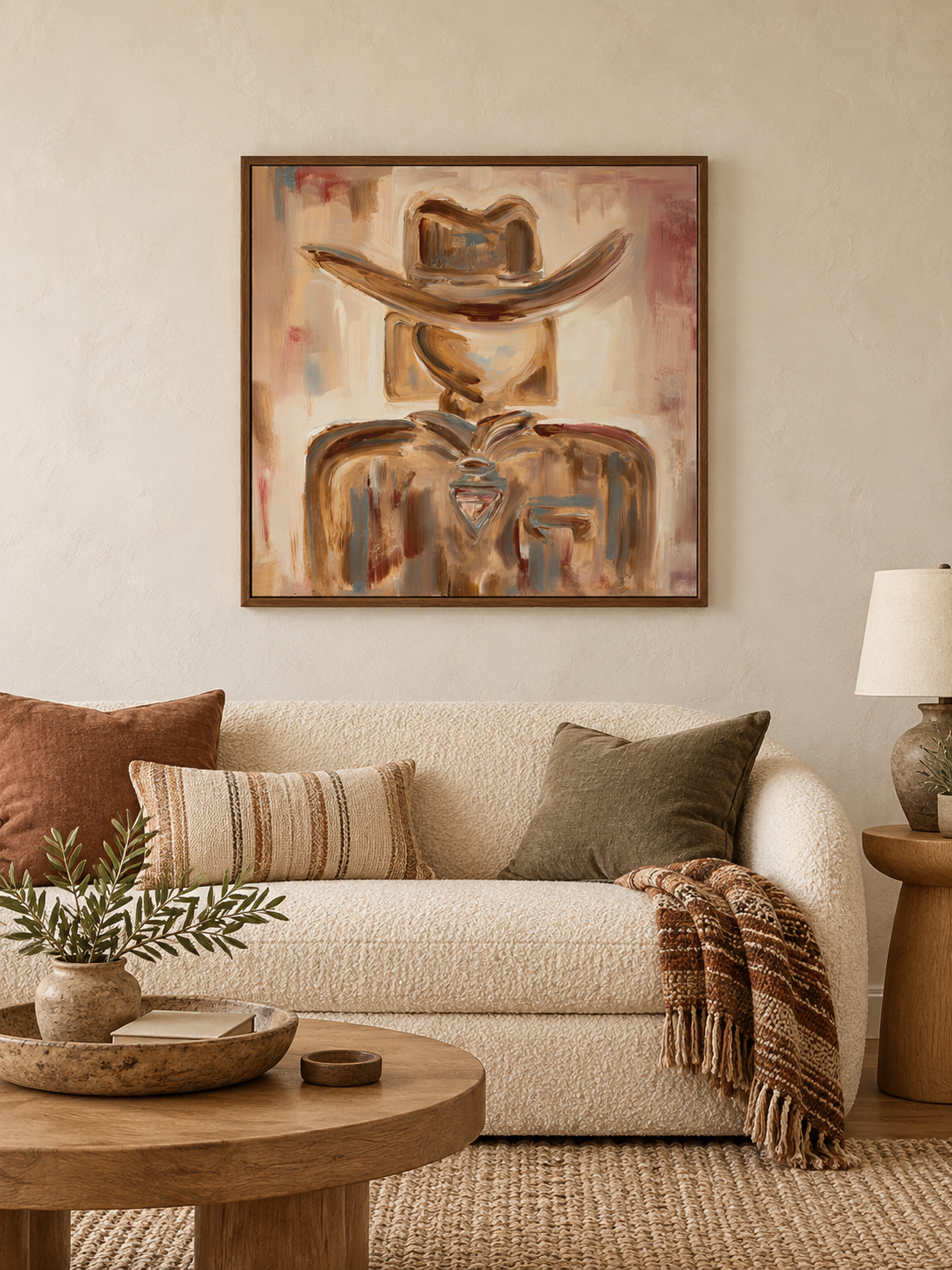 Abstract Cowboy Portrait Canvas Painting In Earthy Brown Tones