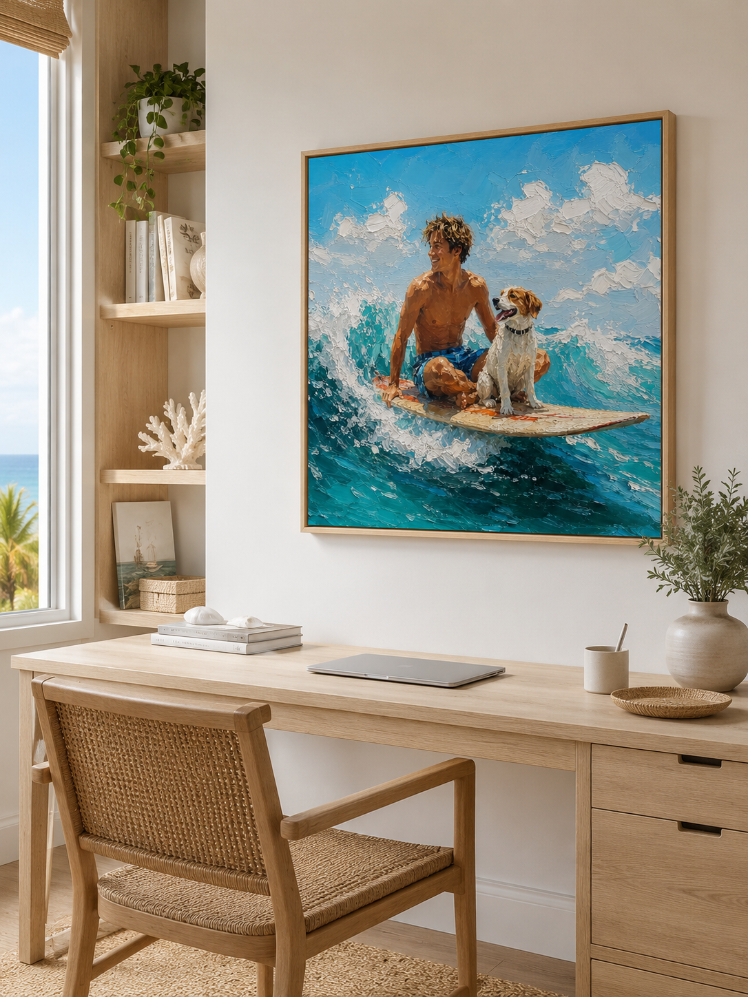 Textured Surfing Art With Dog For Modern Beach Home Decor Gift